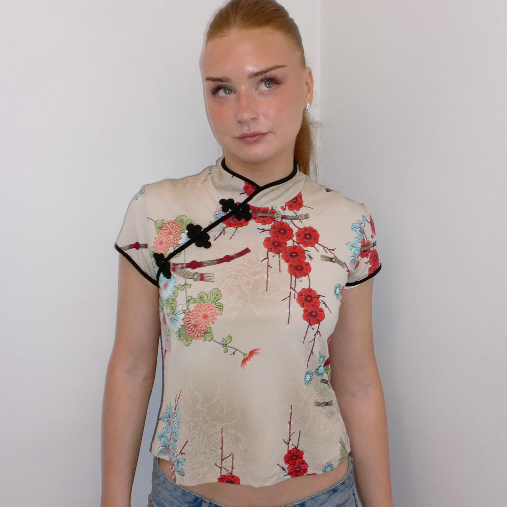 Beige Floral Oriental-Style Top