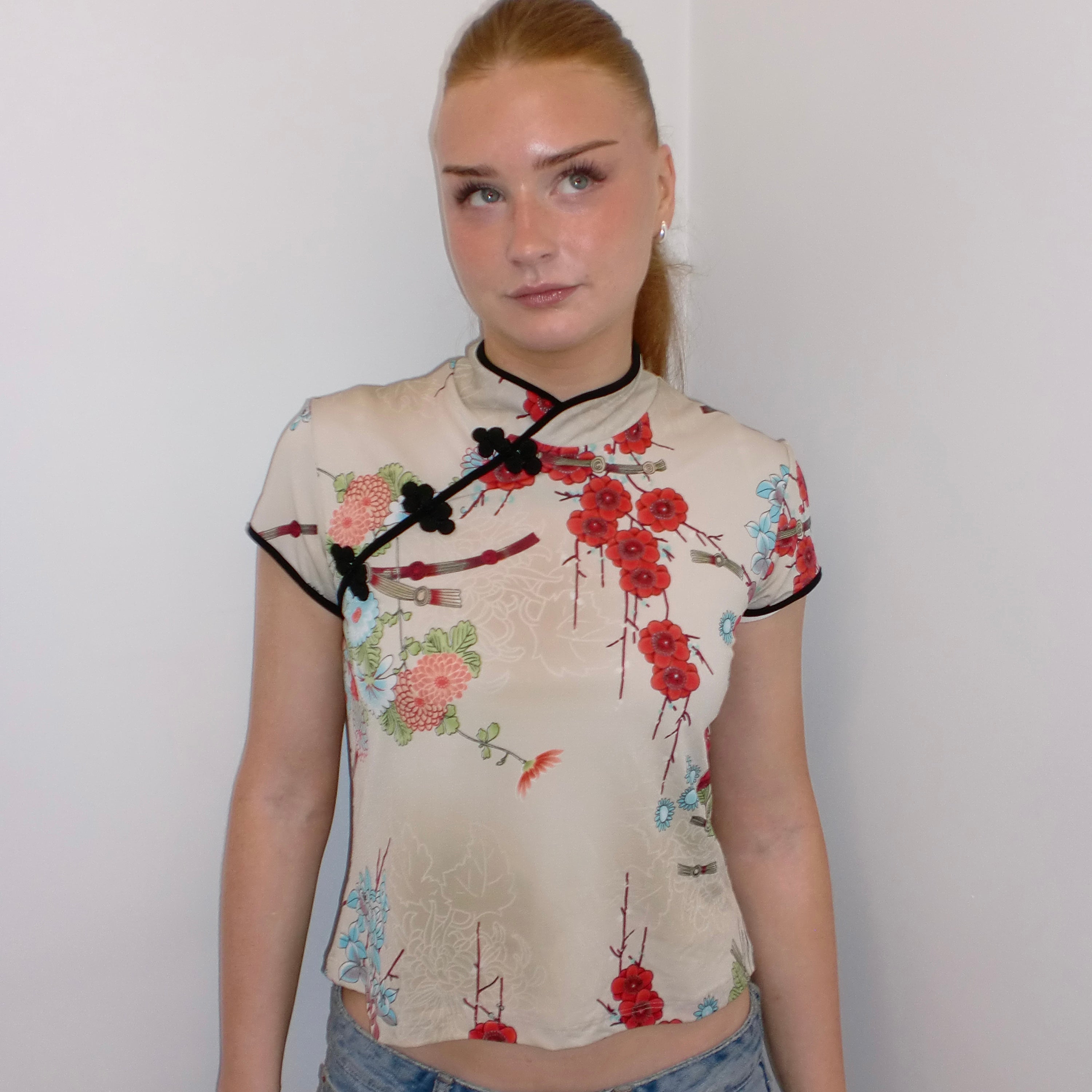 Beige Floral Oriental-Style Top