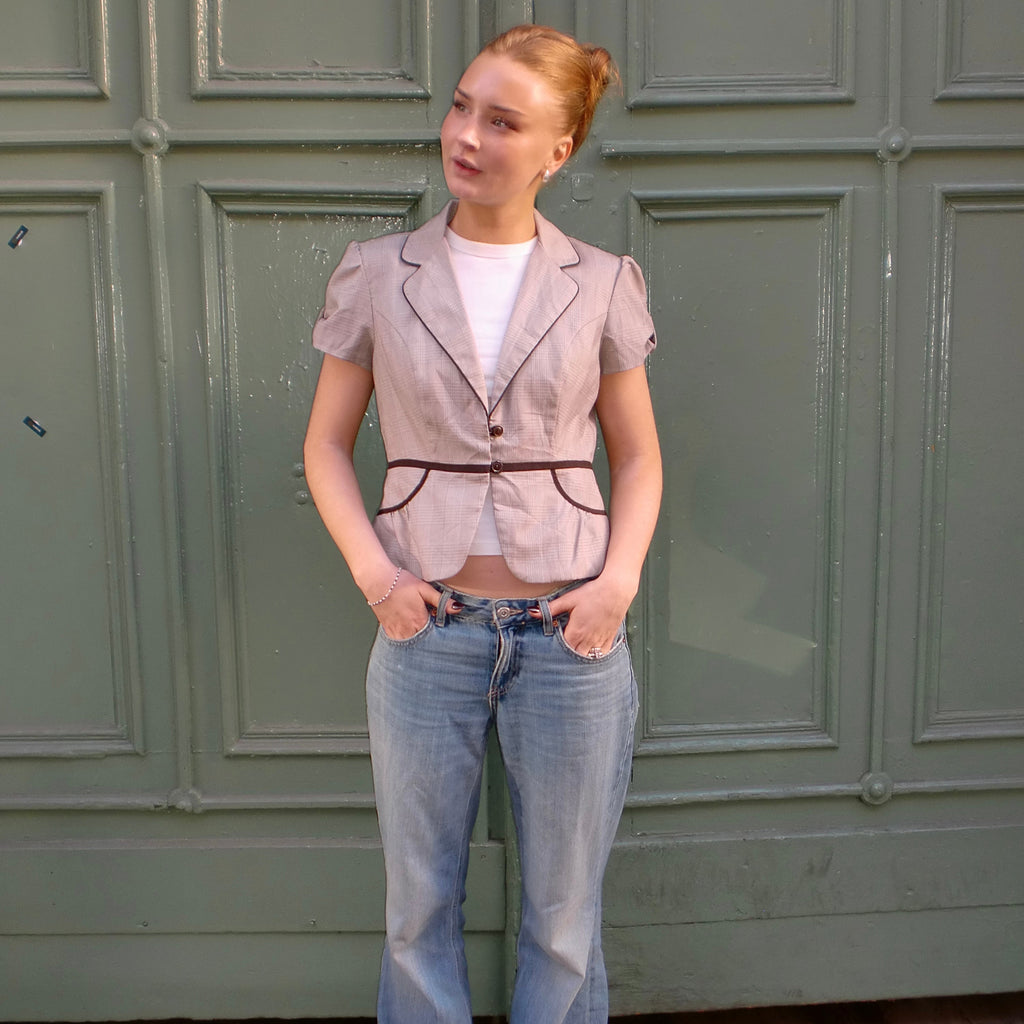 Plaid Fitted Blazer with Puff Sleeves