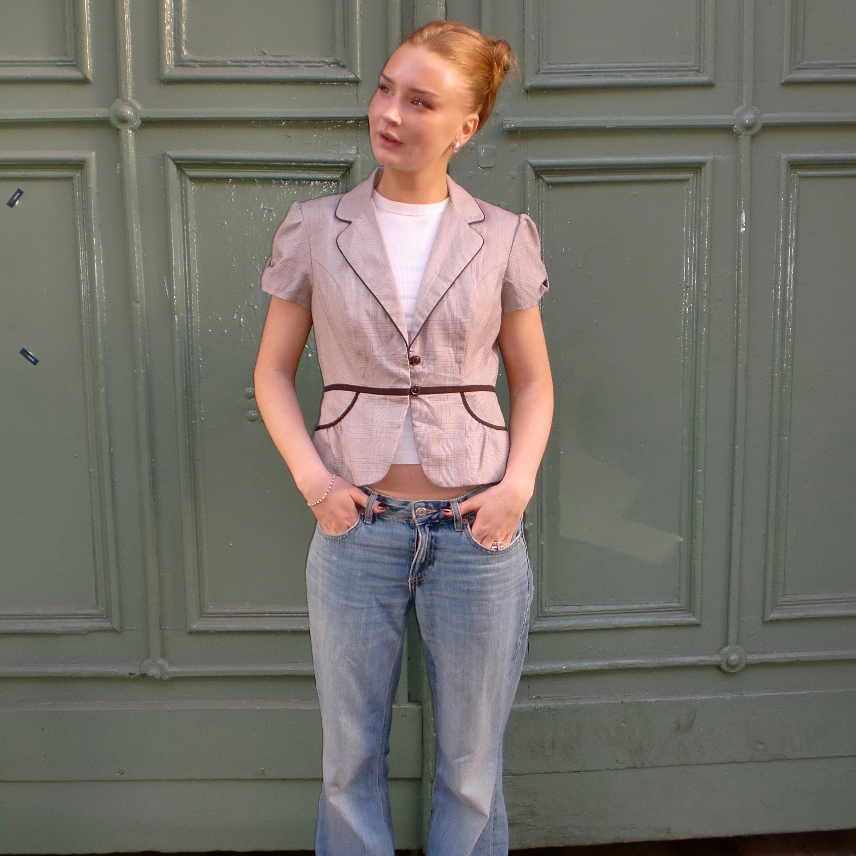 Plaid Fitted Blazer with Puff Sleeves