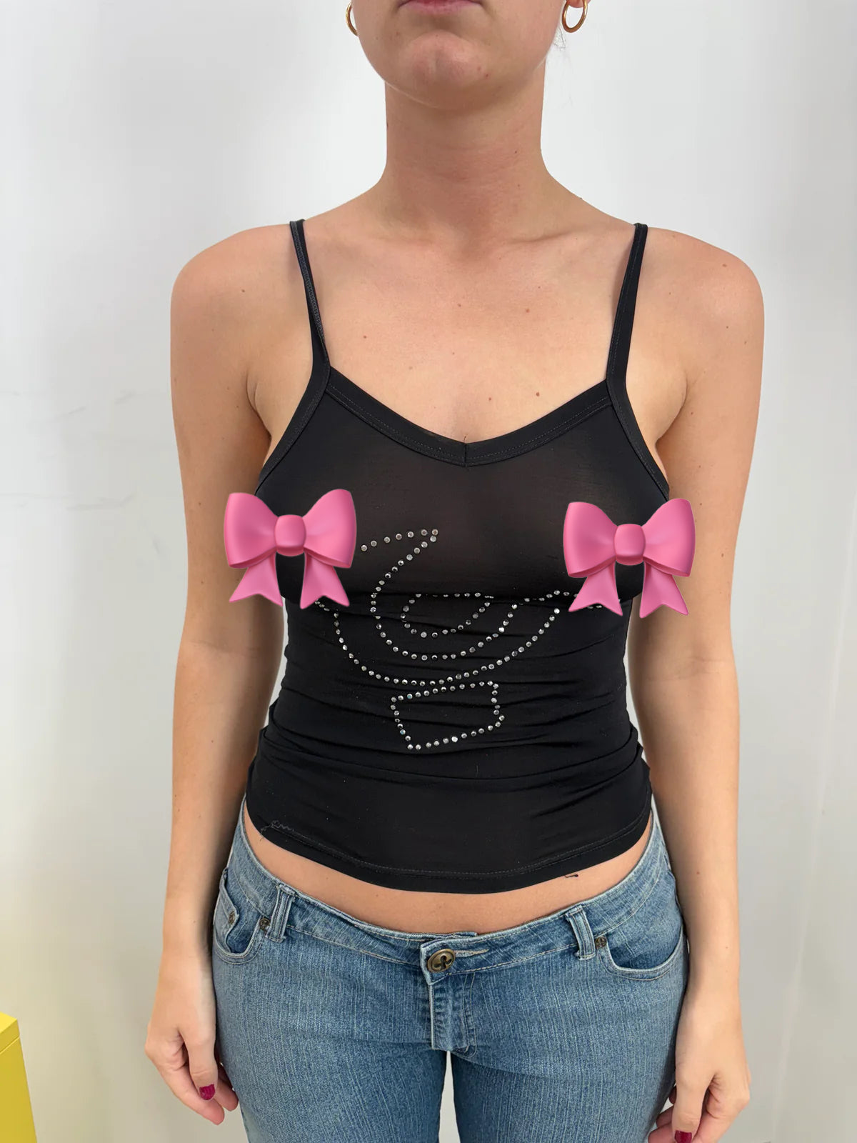 Black Sheer Mesh Rhinestone Swirl Crop Cami