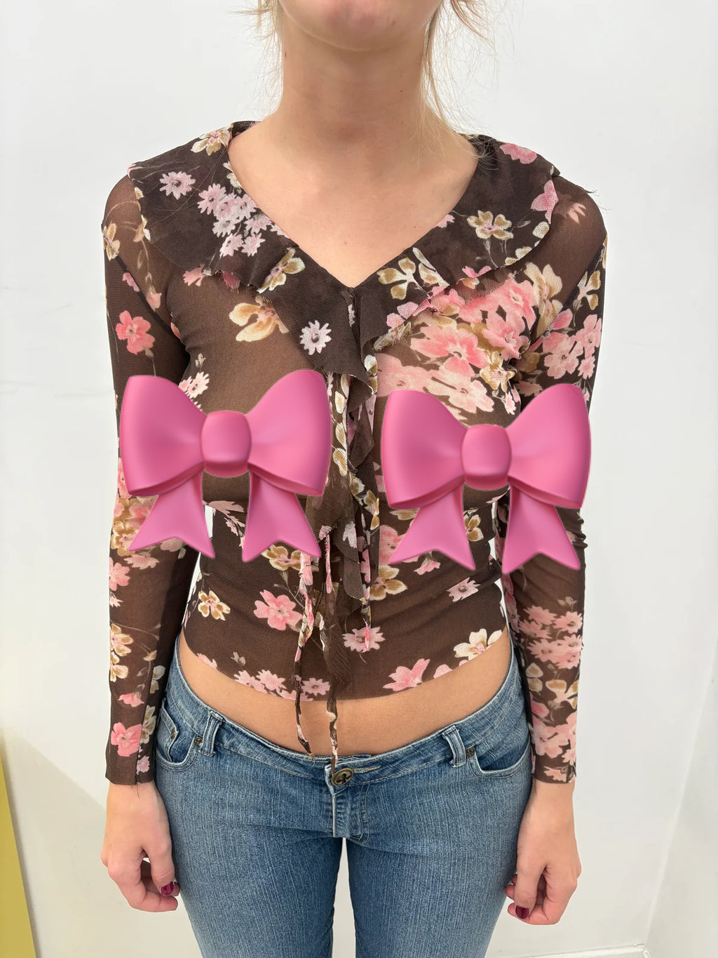 Brown Floral Sheer Mesh Ruffle Tie-Front Top