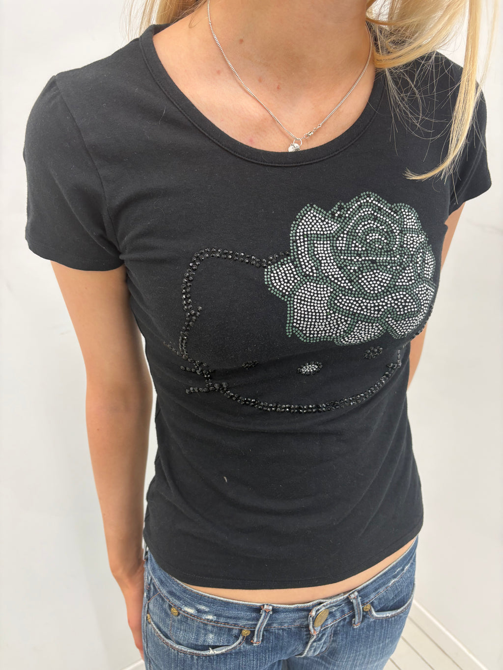 Black Rhinestone Hello Kitty Fitted T-Shirt