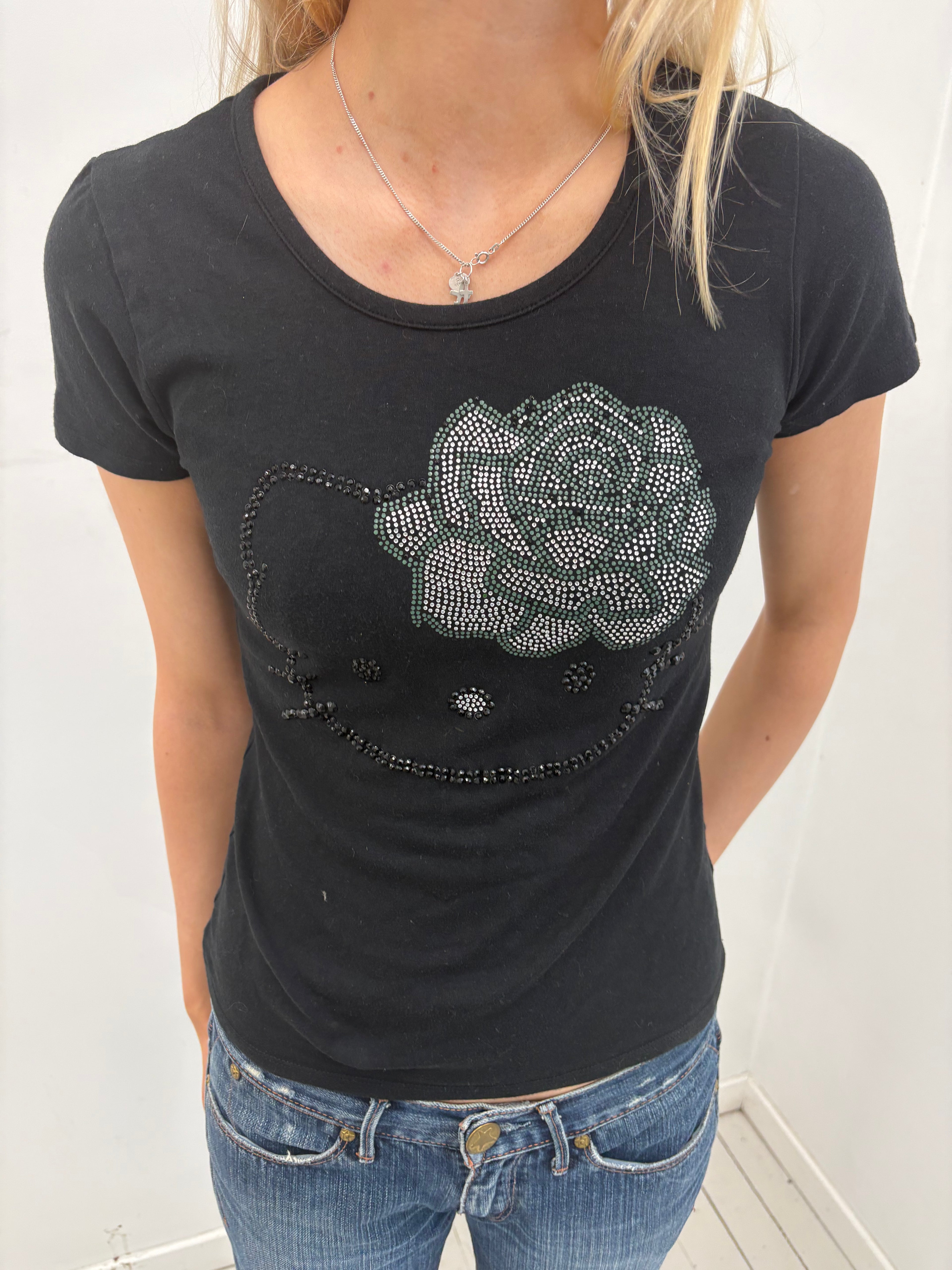 Black Rhinestone Hello Kitty Fitted T-Shirt