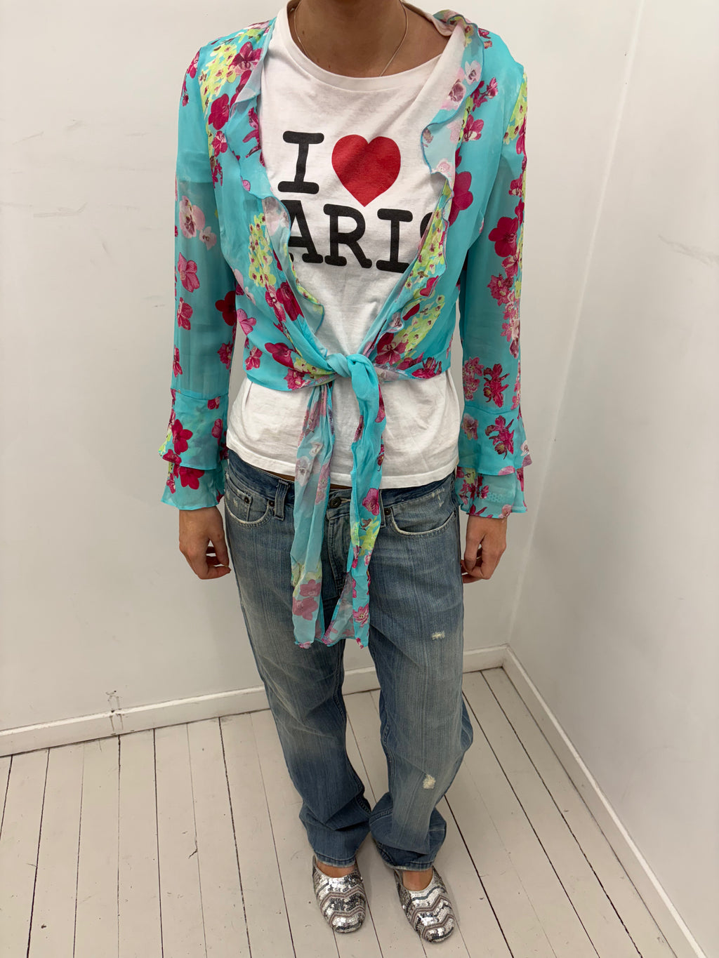Sheer Turquoise Floral Tie-Front Blouse