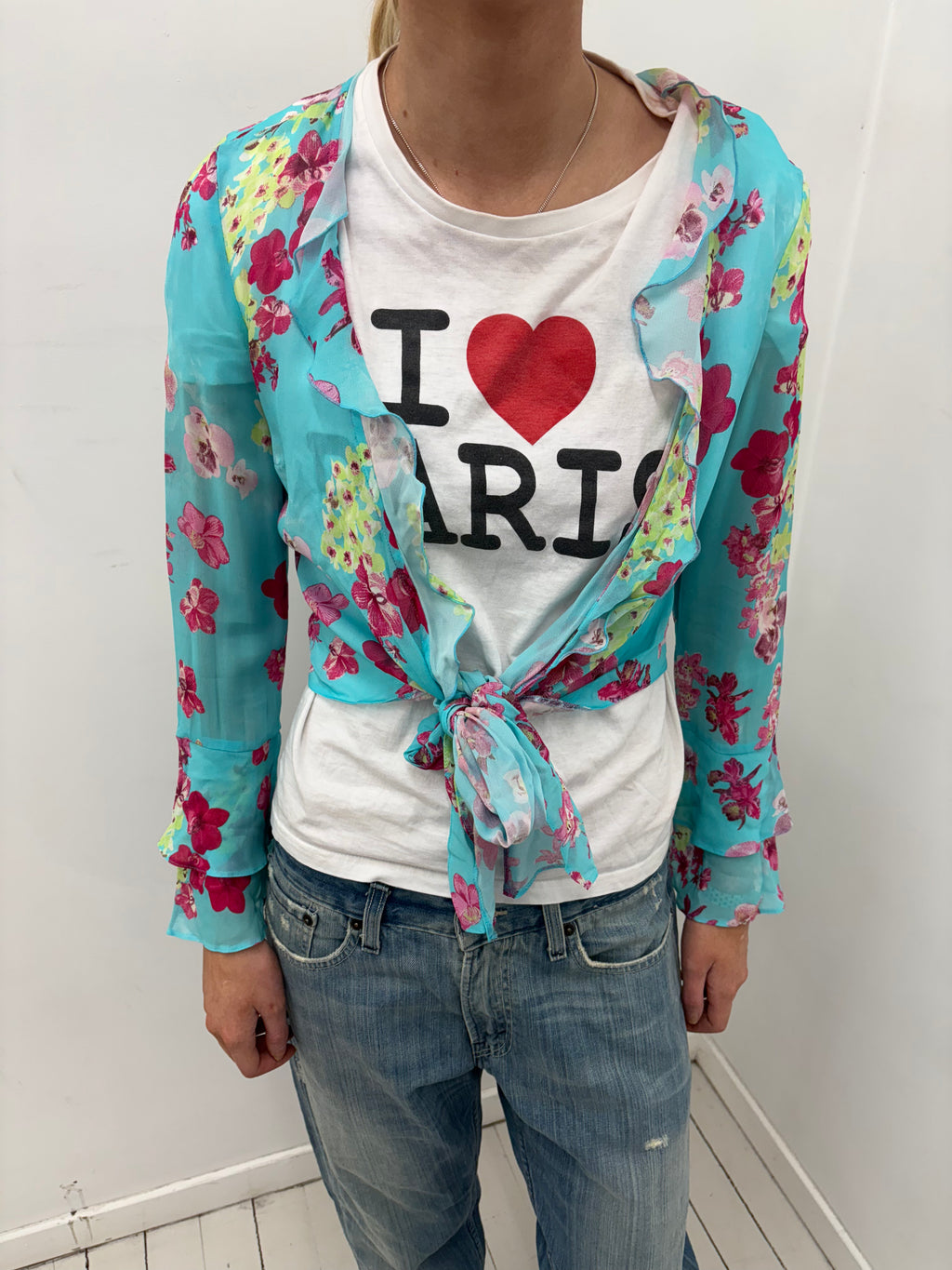 Sheer Turquoise Floral Tie-Front Blouse