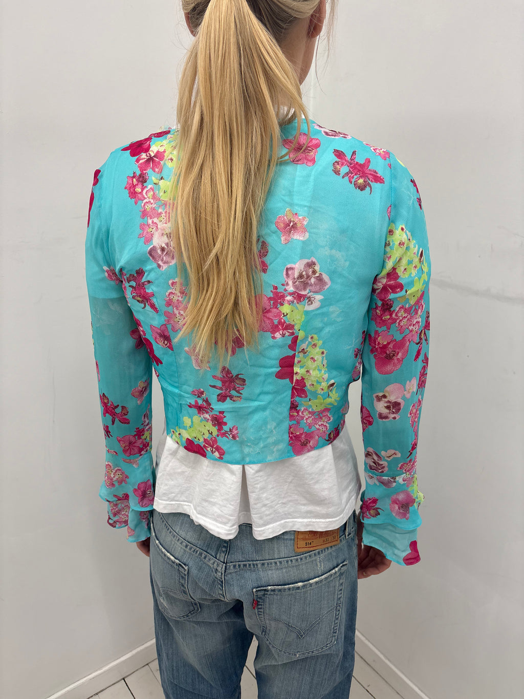 Sheer Turquoise Floral Tie-Front Blouse