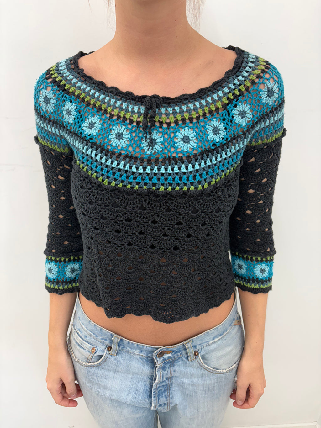 Y2K Crochet Floral Off-Shoulder Knit Top
