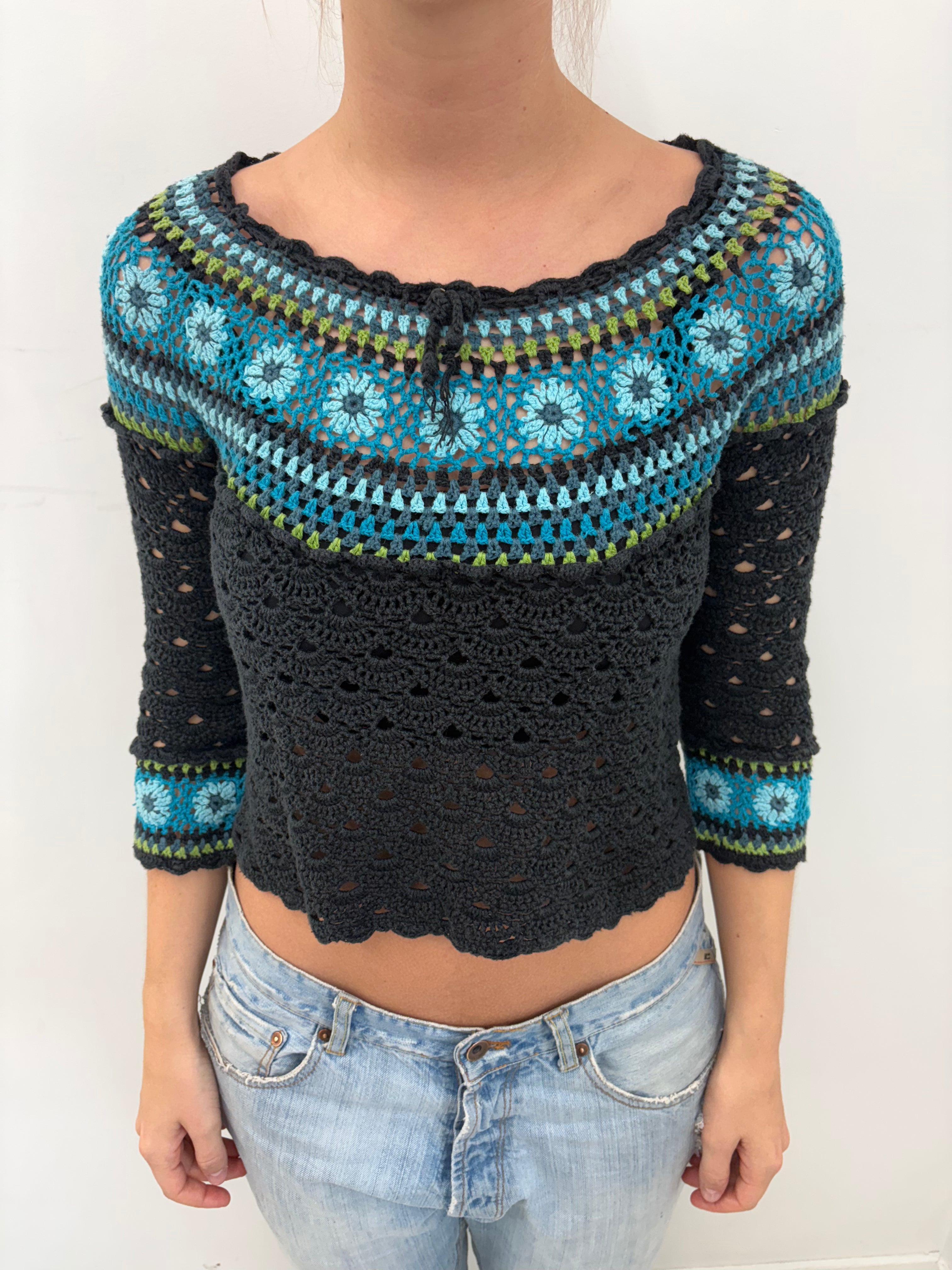 Y2K Crochet Floral Off-Shoulder Knit Top