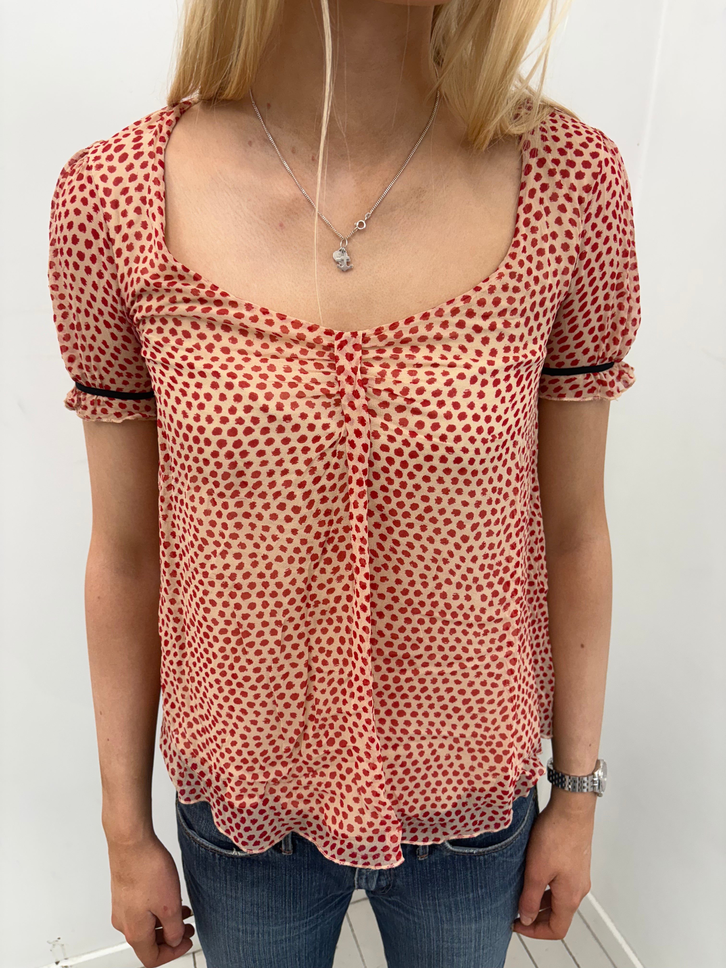 Sheer Red Polkadot Ruched Blouse