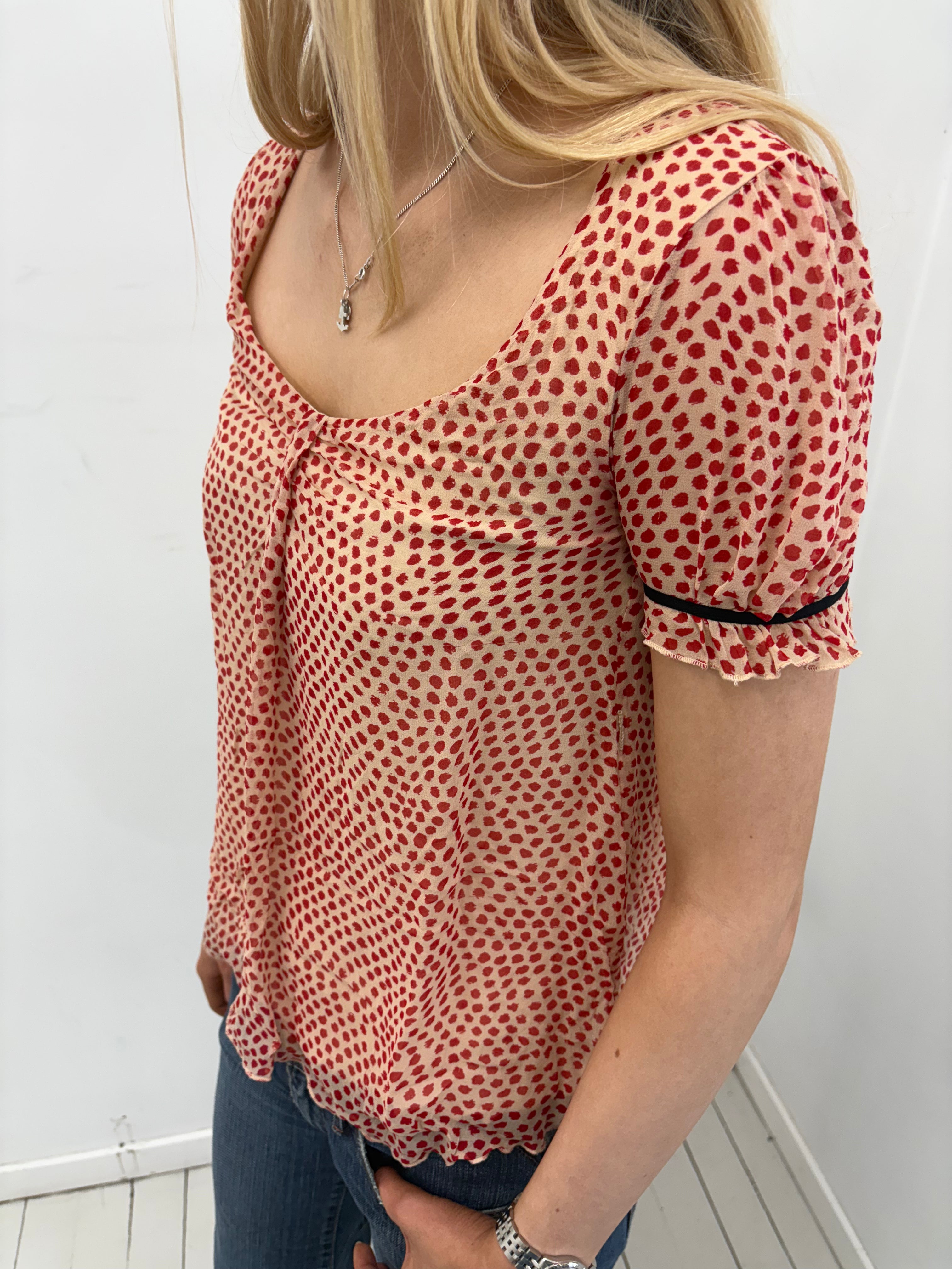 Sheer Red Polkadot Ruched Blouse