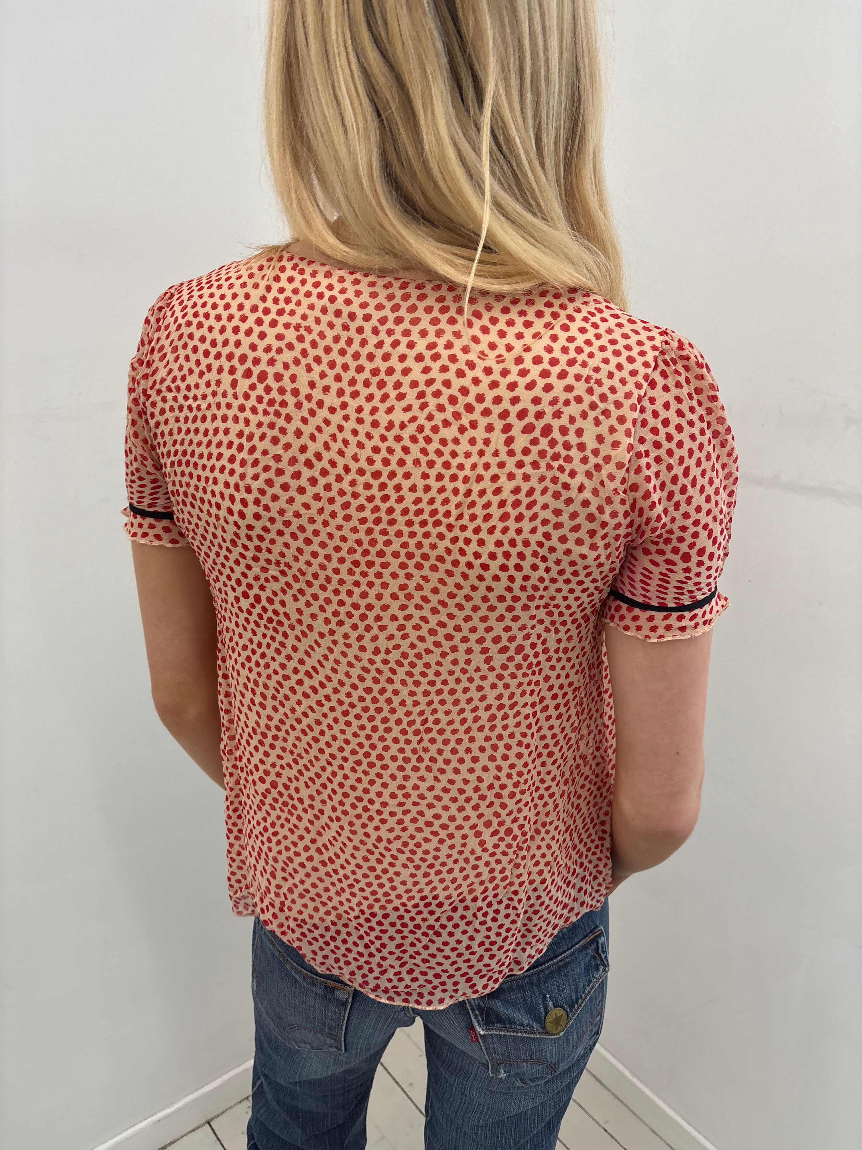 Sheer Red Polkadot Ruched Blouse