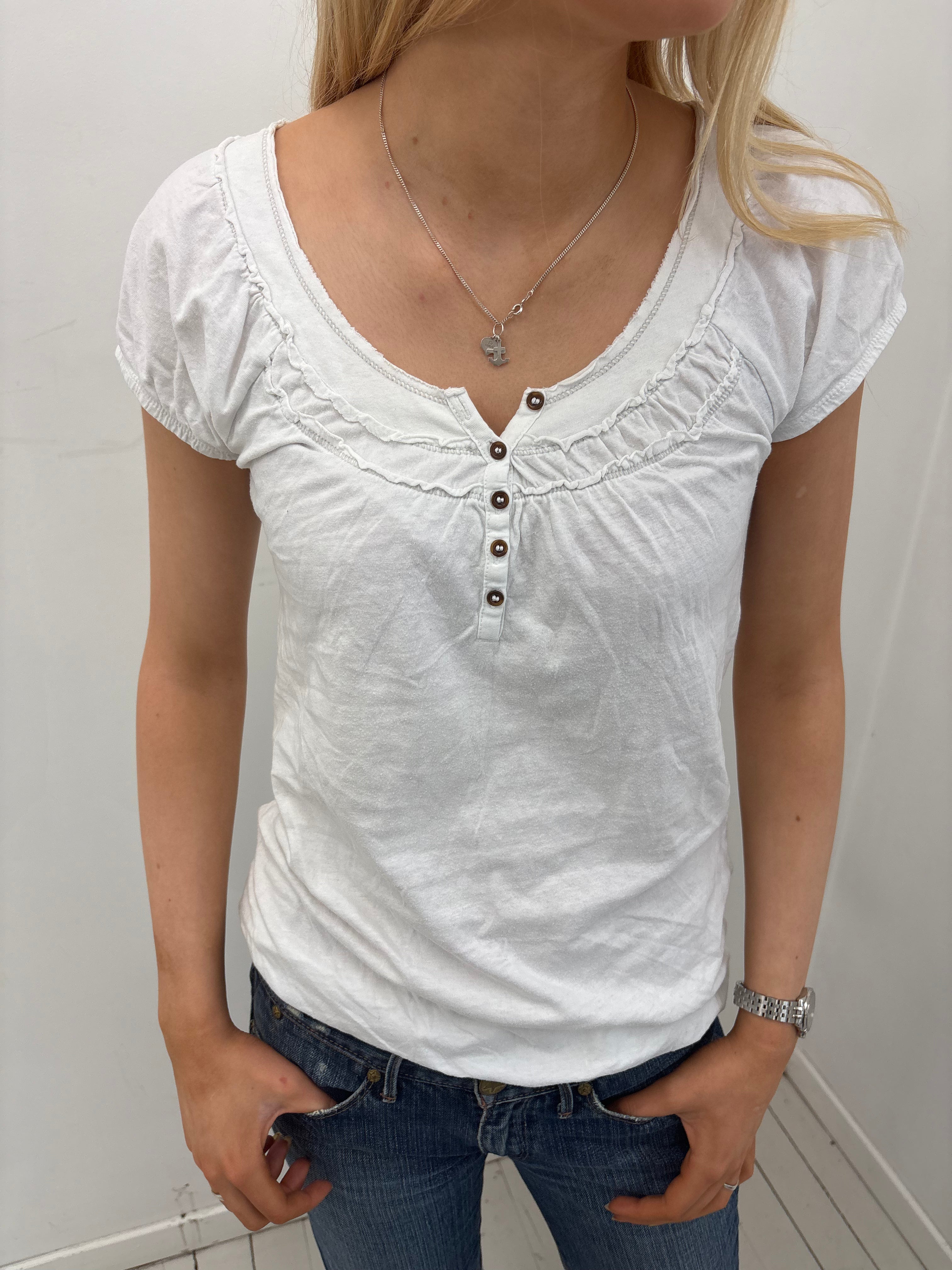 White Ruched Henley Cap Sleeve Top