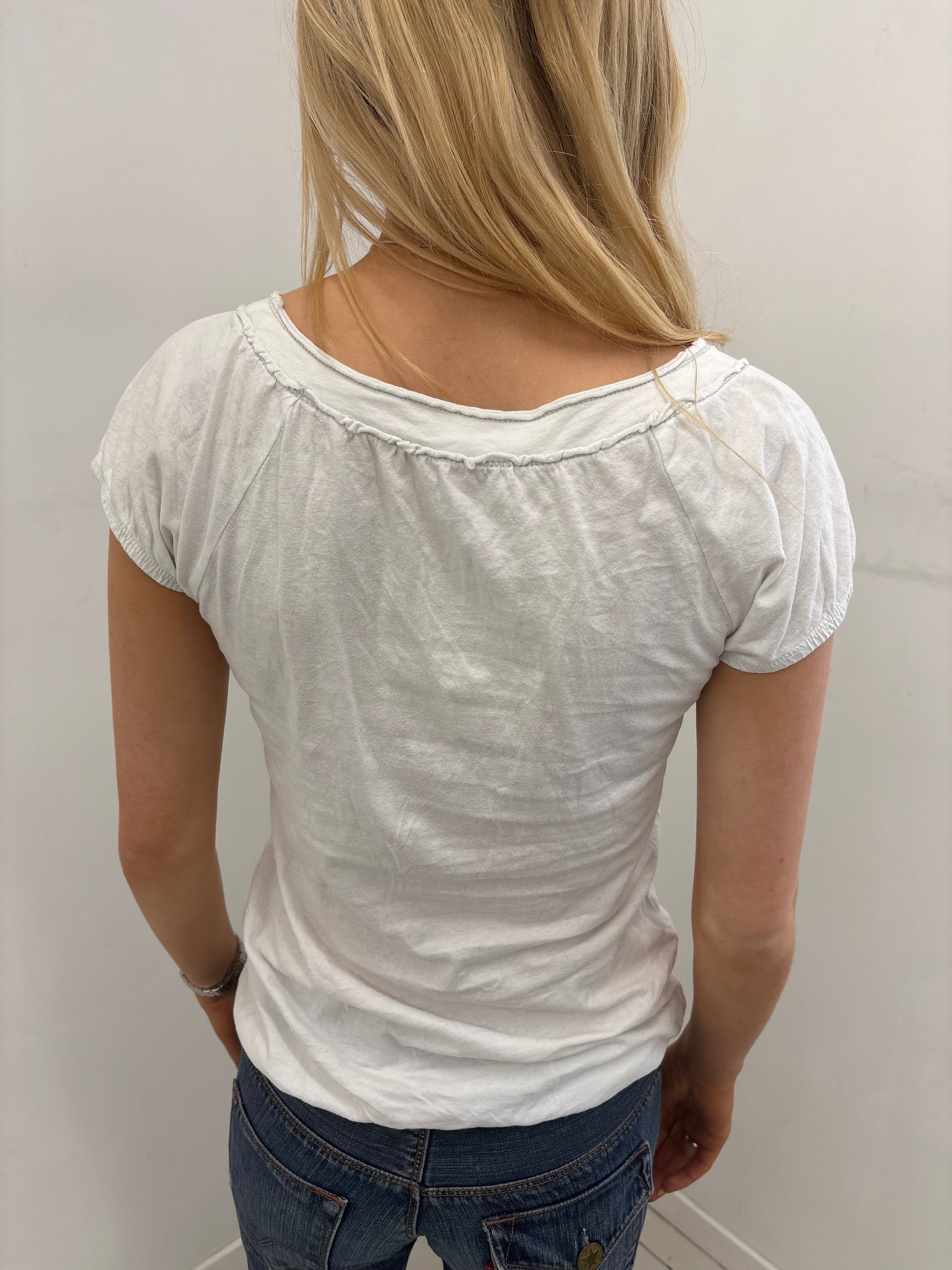 White Ruched Henley Cap Sleeve Top