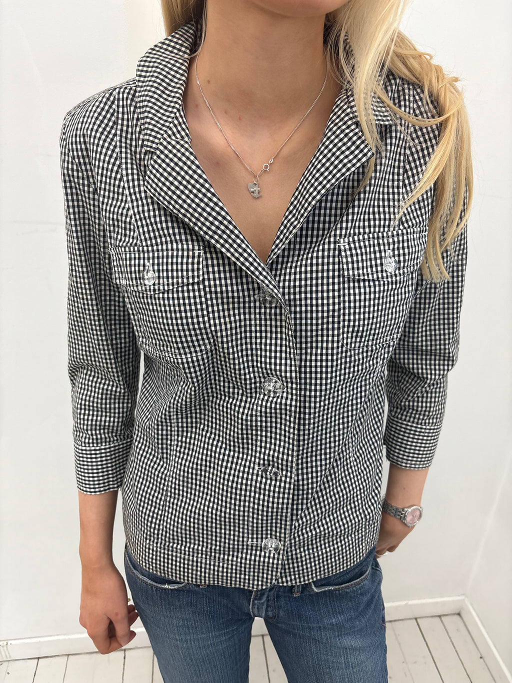 Black & White Gingham Button-Up Blouse
