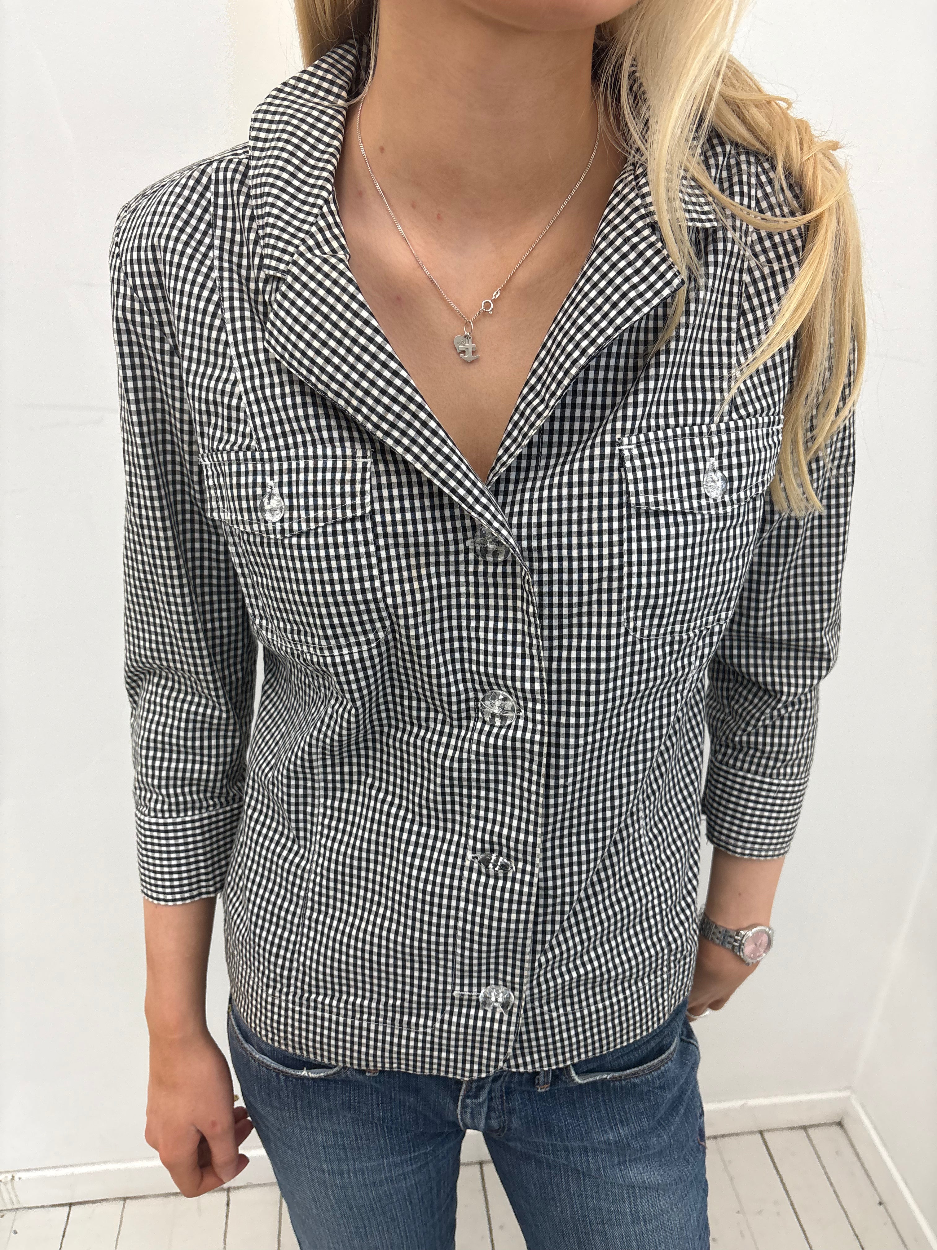 Black & White Gingham Button-Up Blouse
