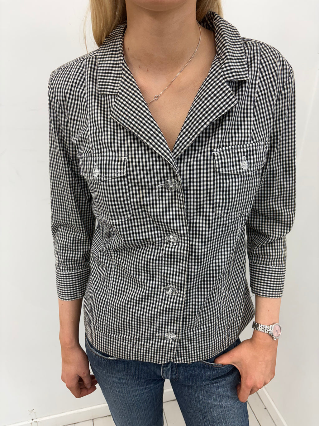 Black & White Gingham Button-Up Blouse