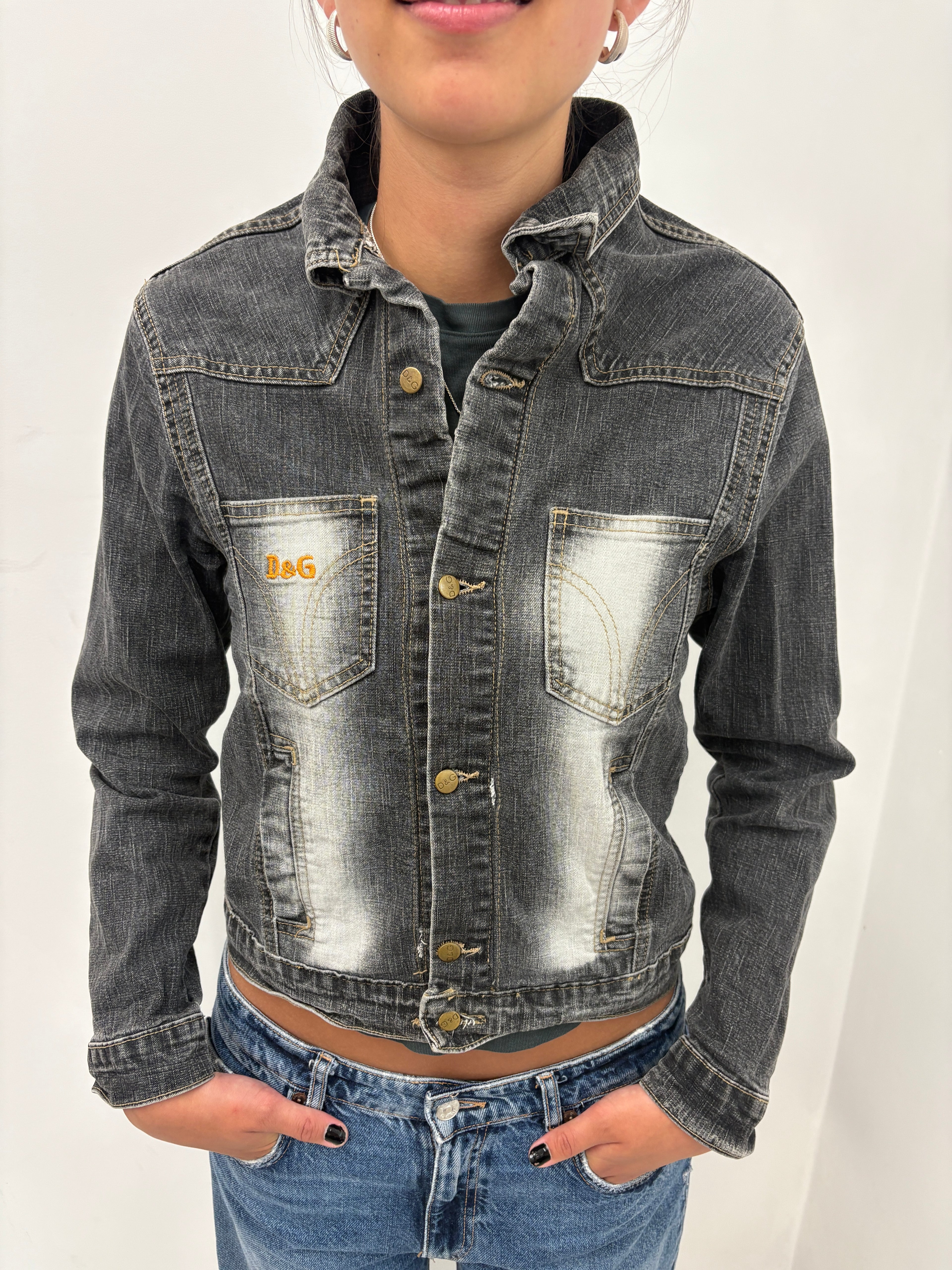 Grey Washed D&G Denim Jacket with Contrast Stitching