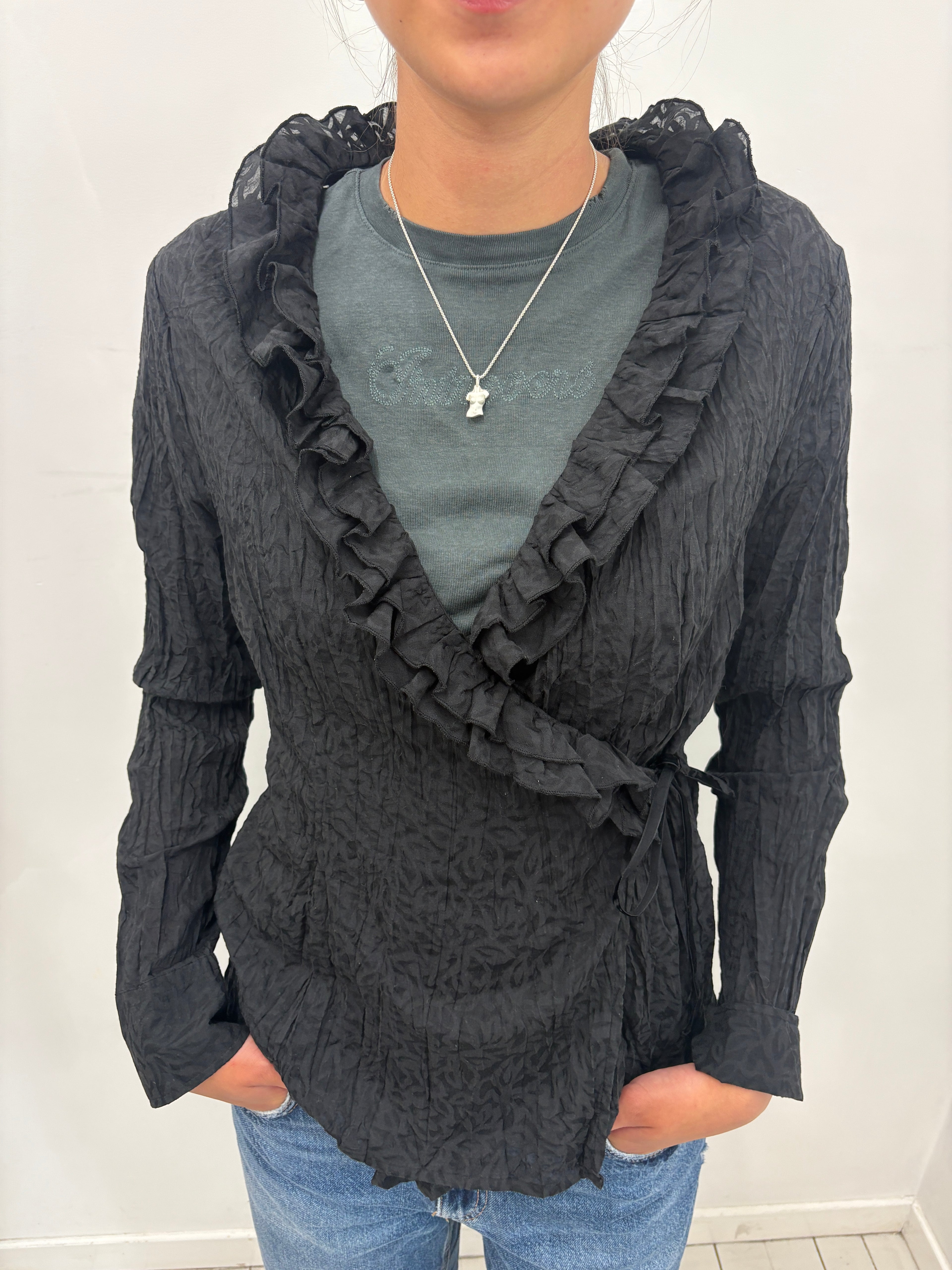 Black Crinkled Wrap Top with Ruffle Trim