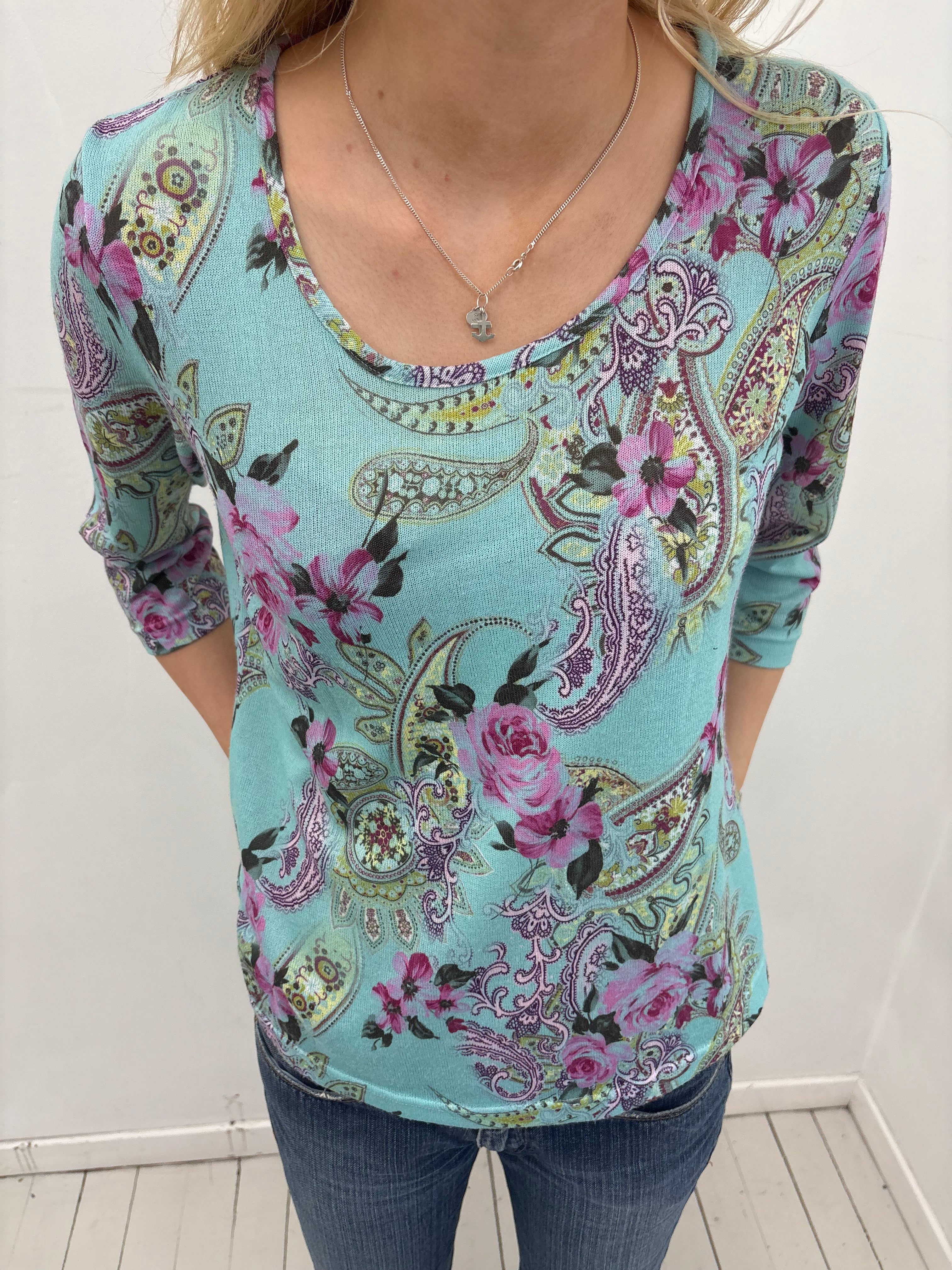 Turquoise Paisley & Floral Scoop Neck Top