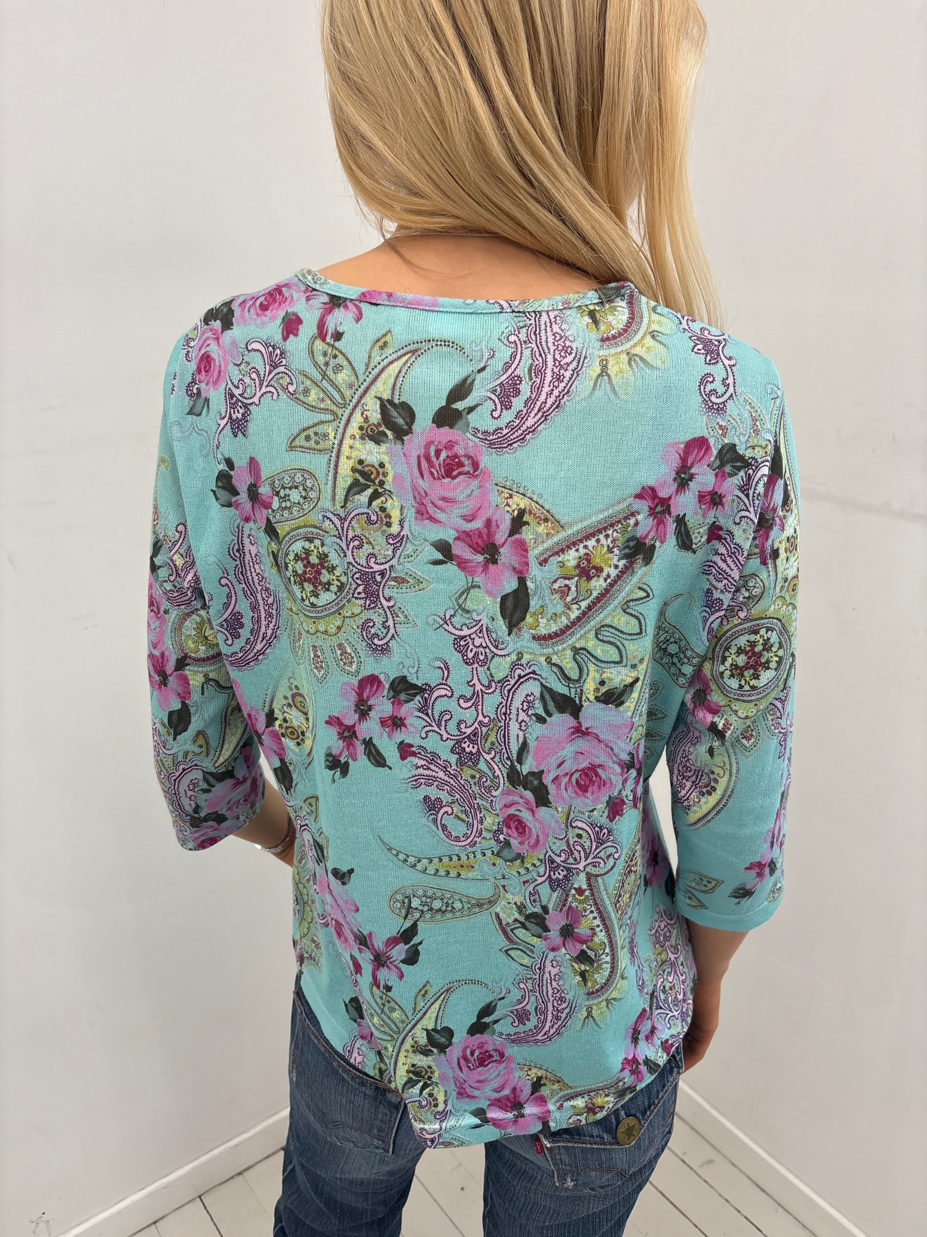 Turquoise Paisley & Floral Scoop Neck Top