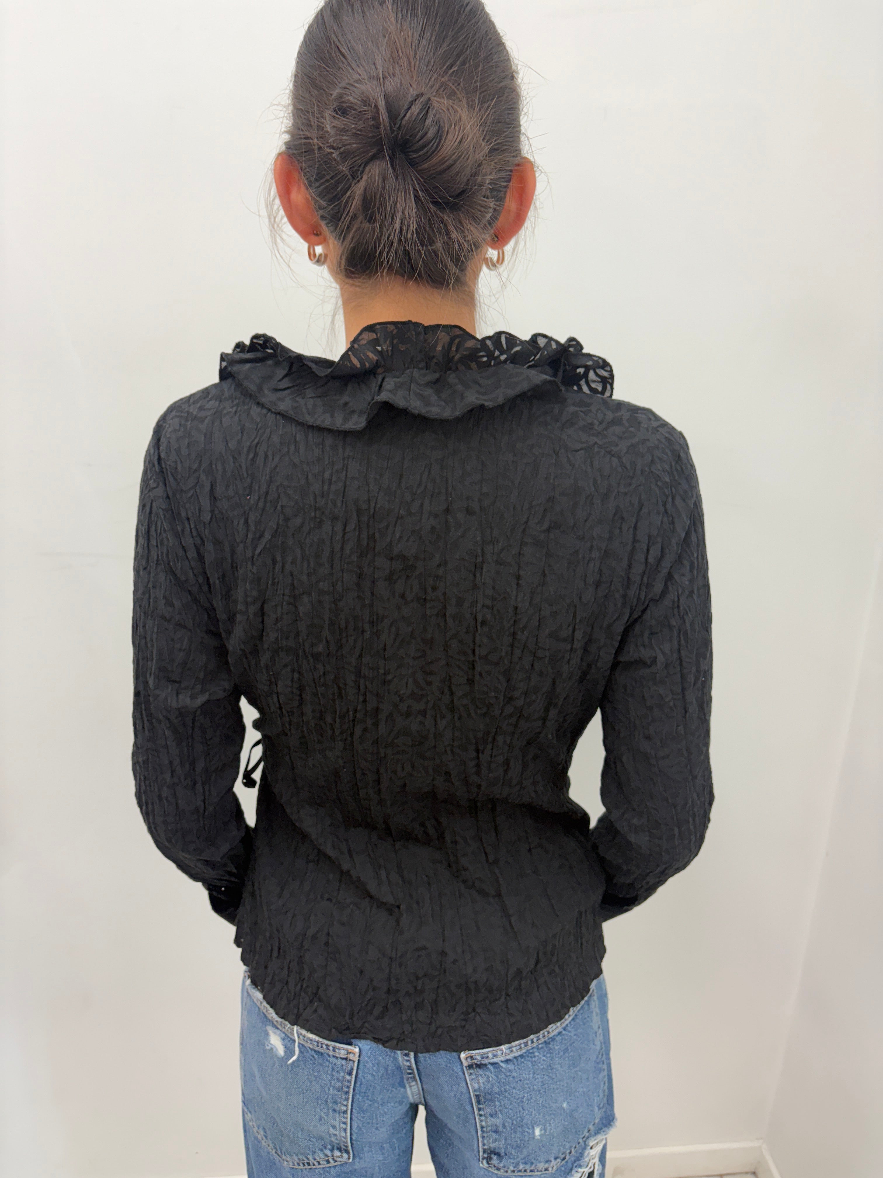 Black Crinkled Wrap Top with Ruffle Trim