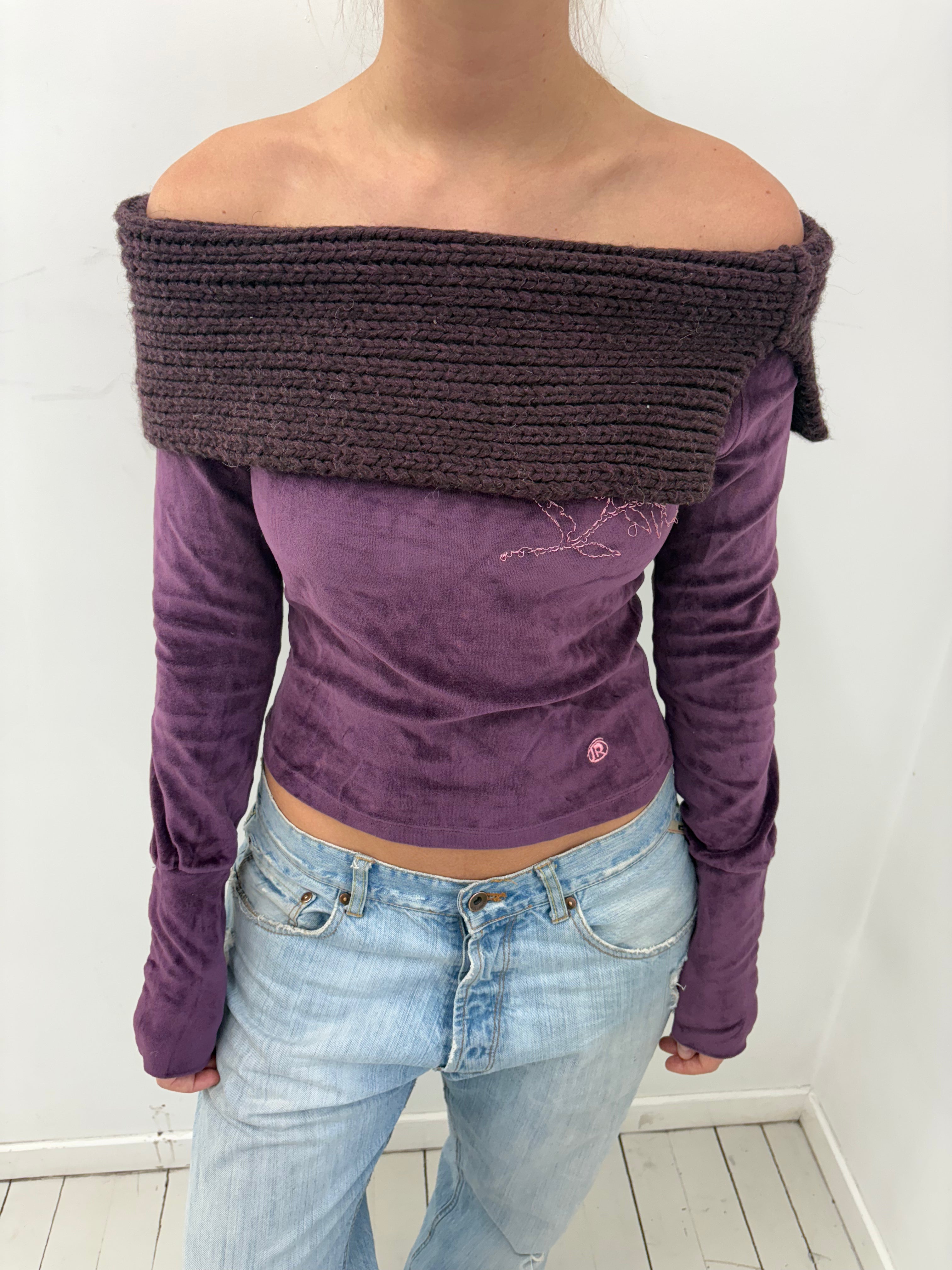 Y2K Off-Shoulder Velour Knit Top