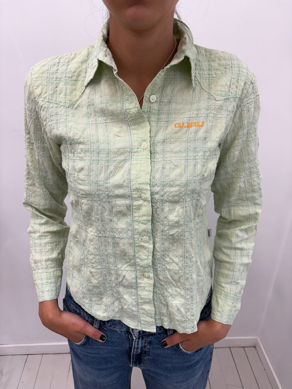 Light Green Plaid GURU Shirt with Flower Print