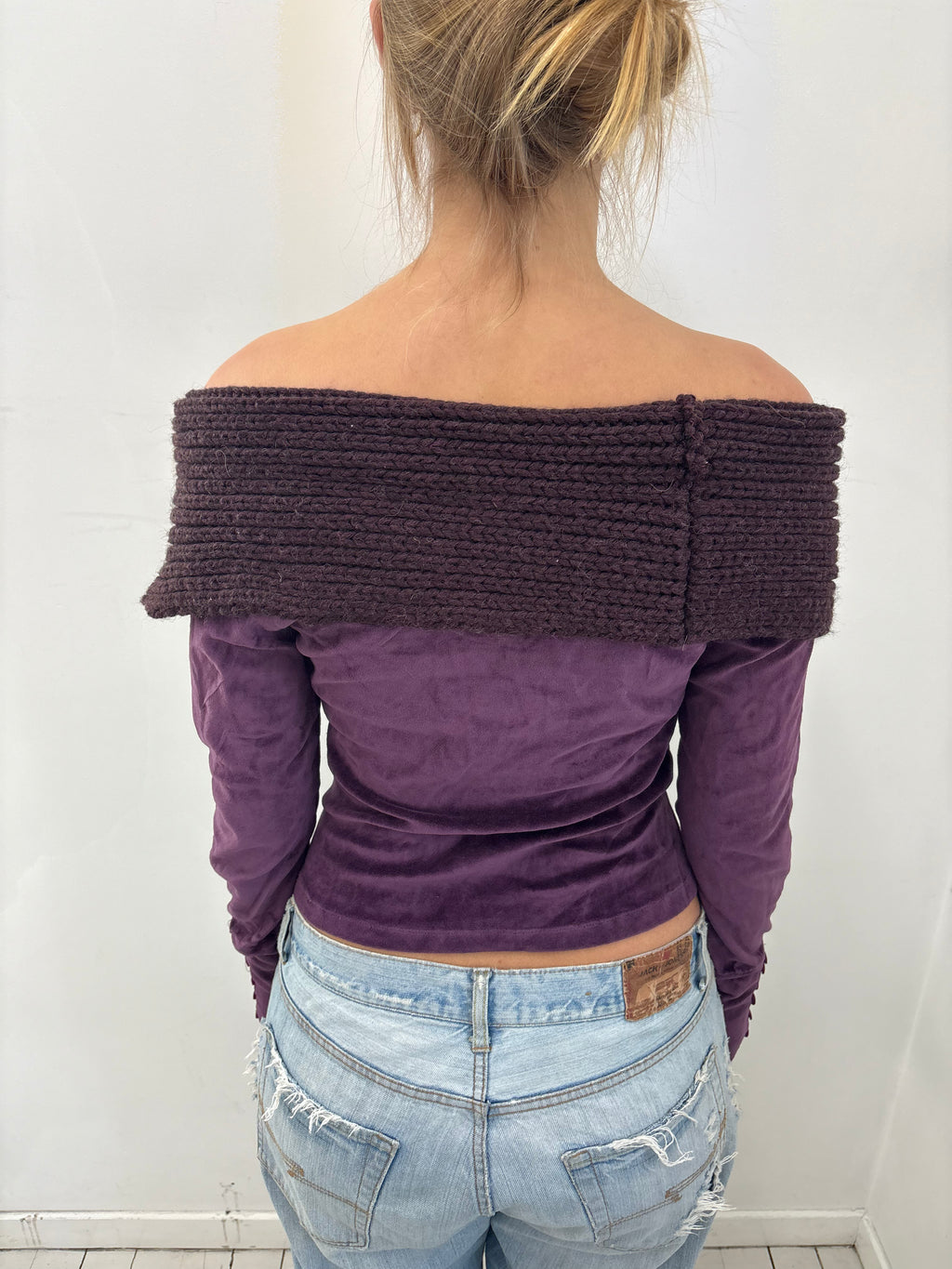 Y2K Off-Shoulder Velour Knit Top