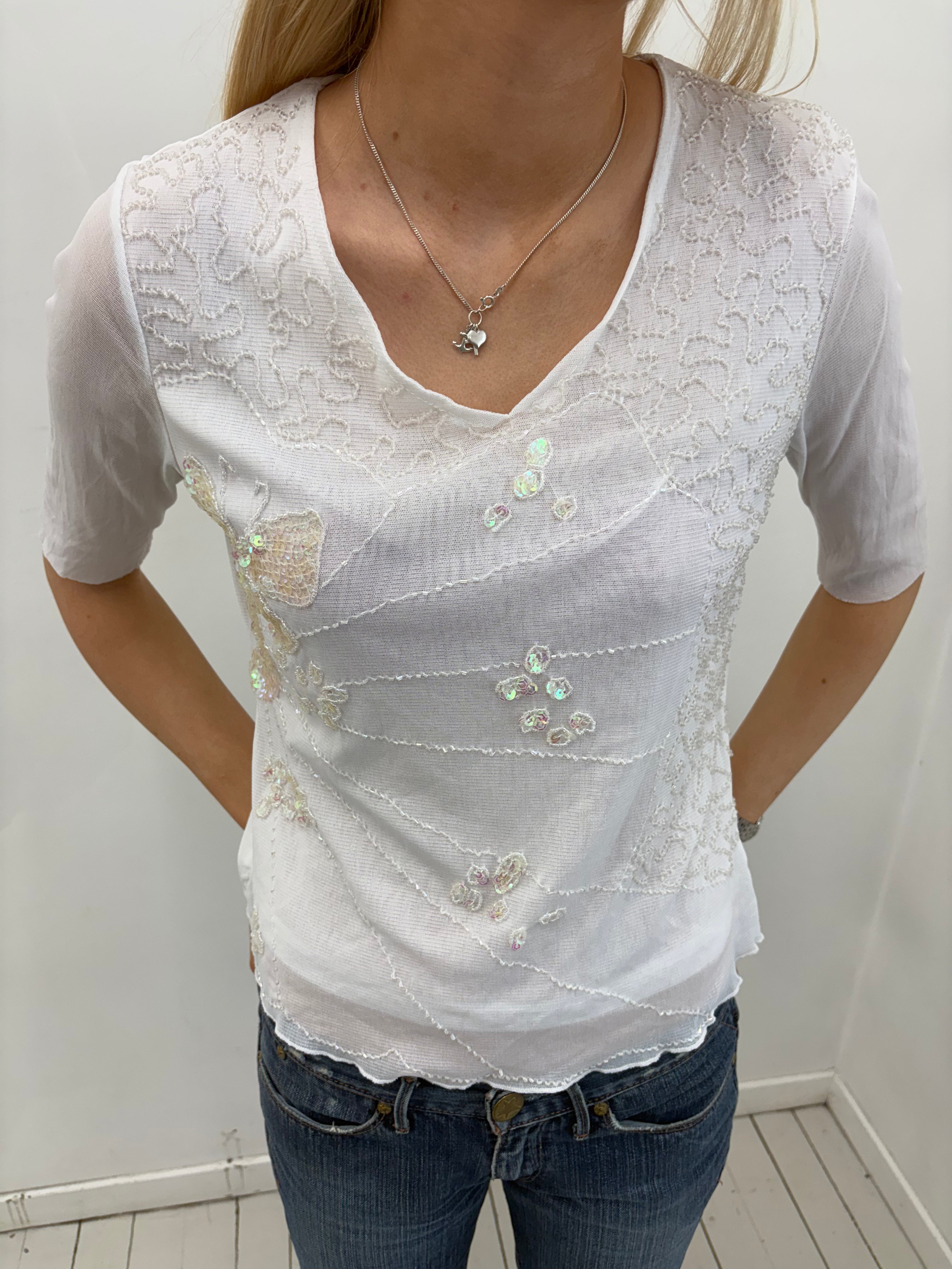 White Sheer Sequin Butterfly Embroidered Top