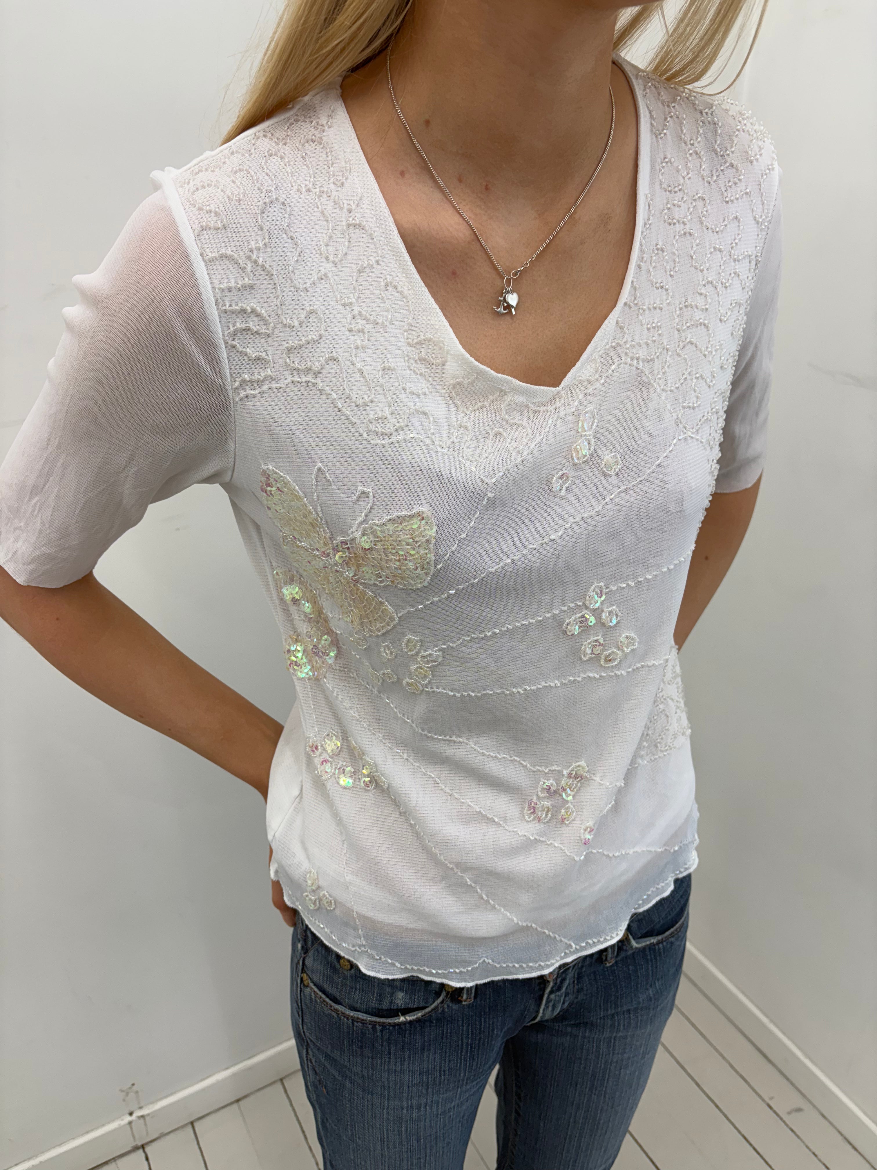 White Sheer Sequin Butterfly Embroidered Top