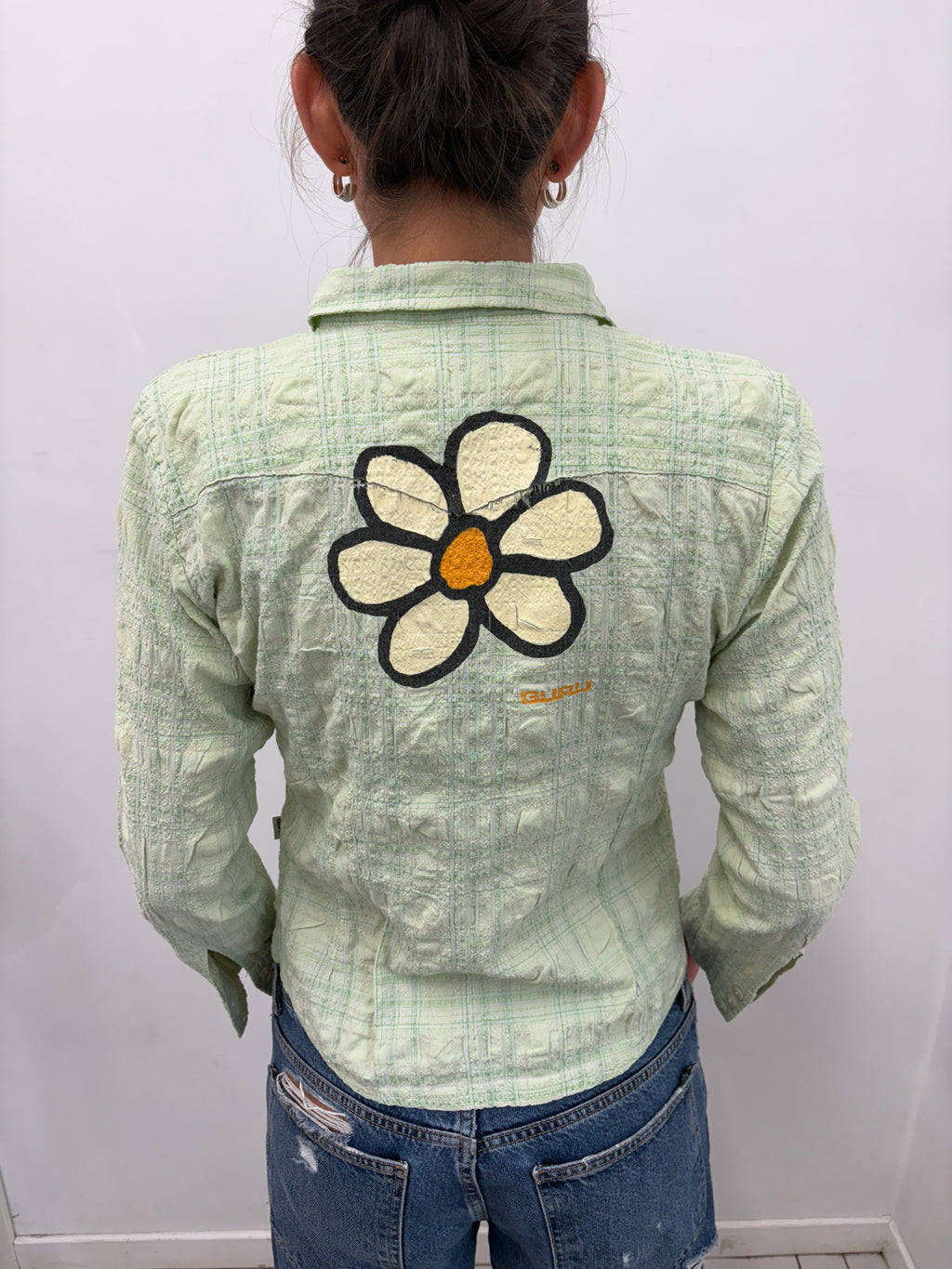 Light Green Plaid GURU Shirt with Flower Print
