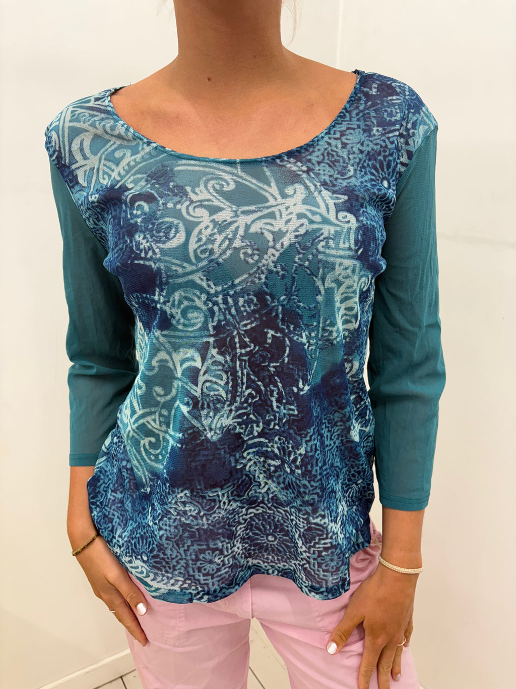 Teal Baroque Print Mesh Front Top