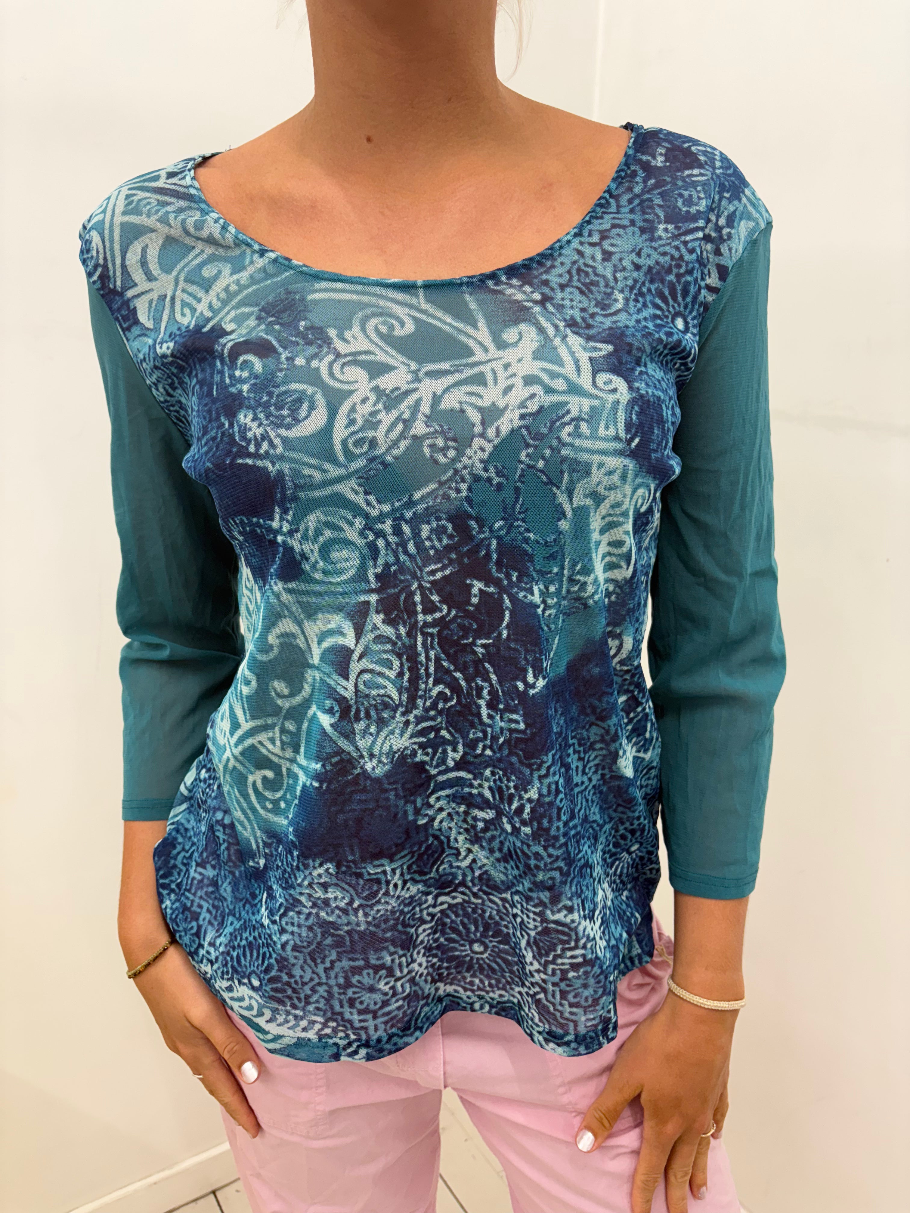 Teal Baroque Print Mesh Front Top