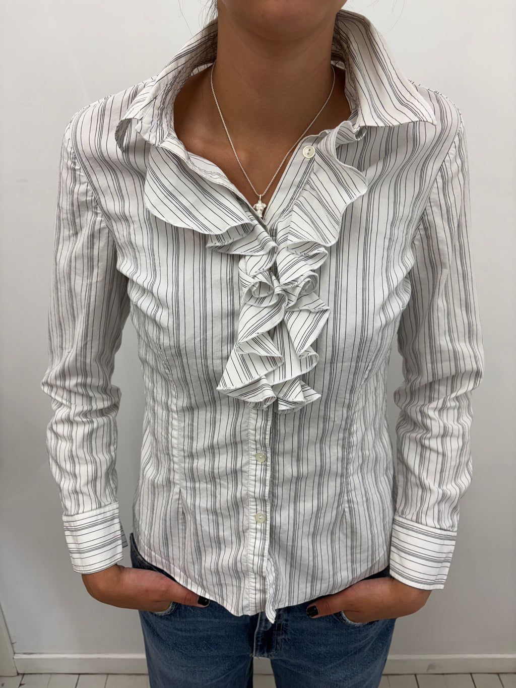 White Striped Blouse with Ruffled Front Detail
