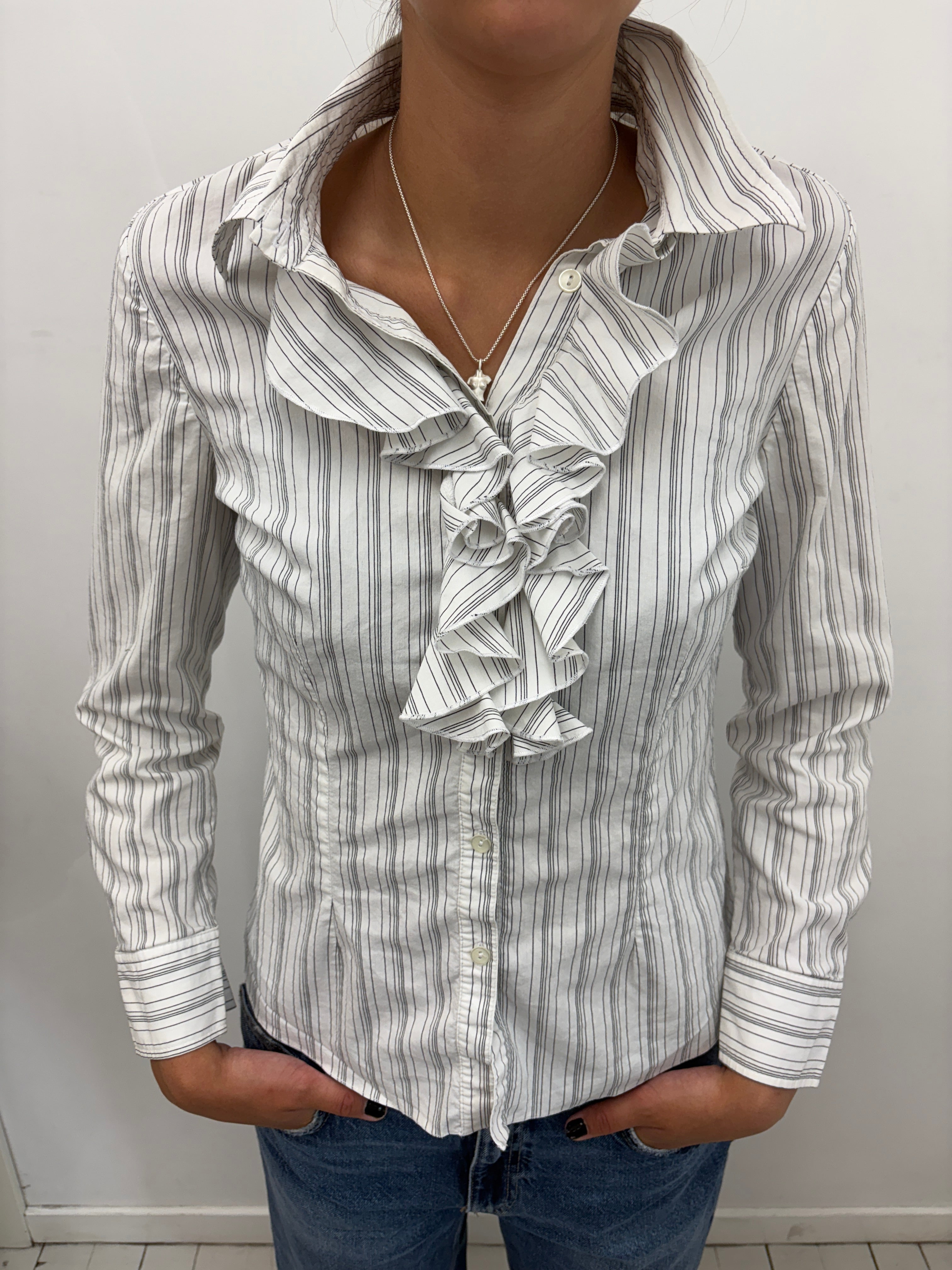 White Striped Blouse with Ruffled Front Detail