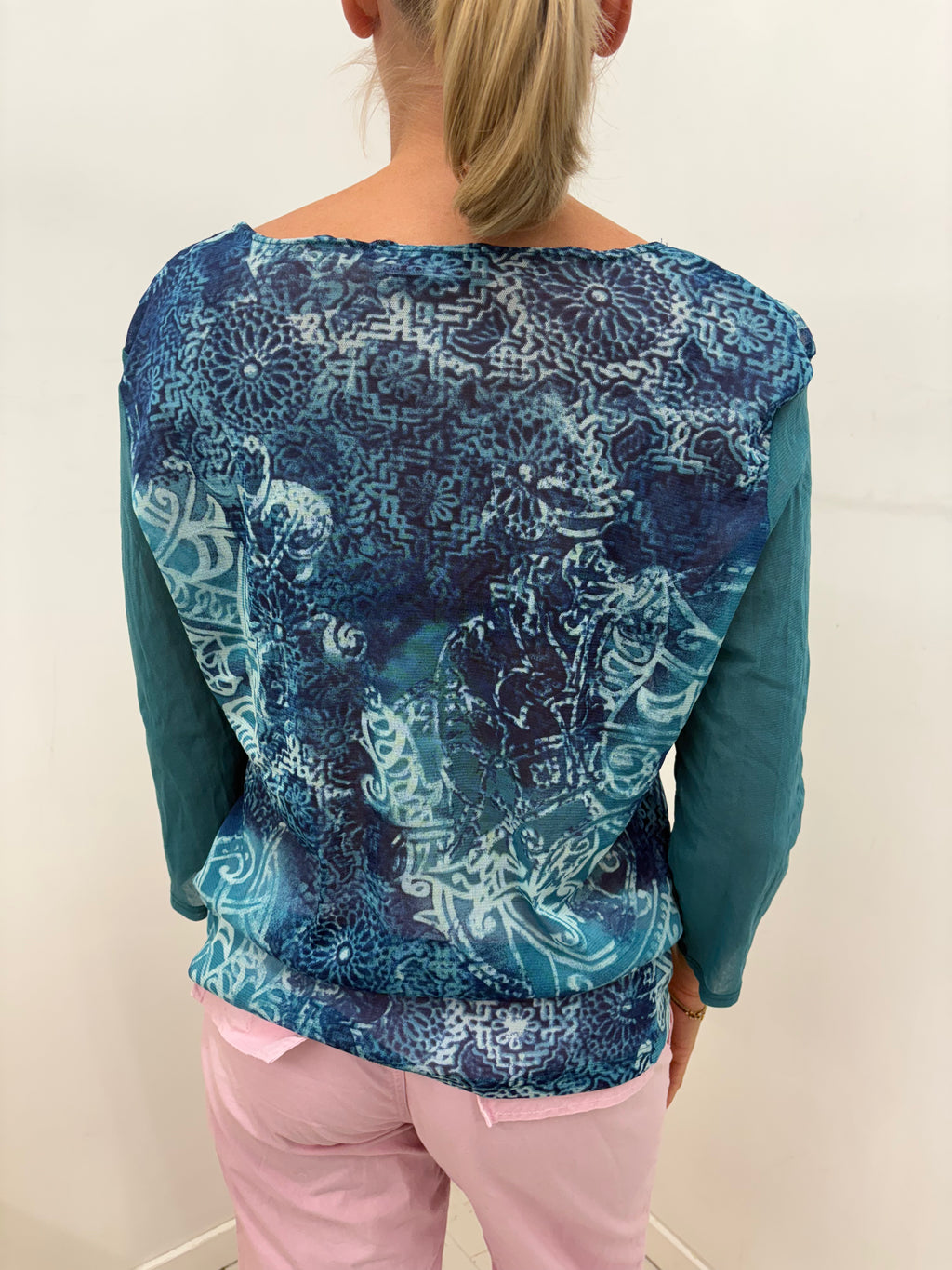 Teal Baroque Print Mesh Front Top