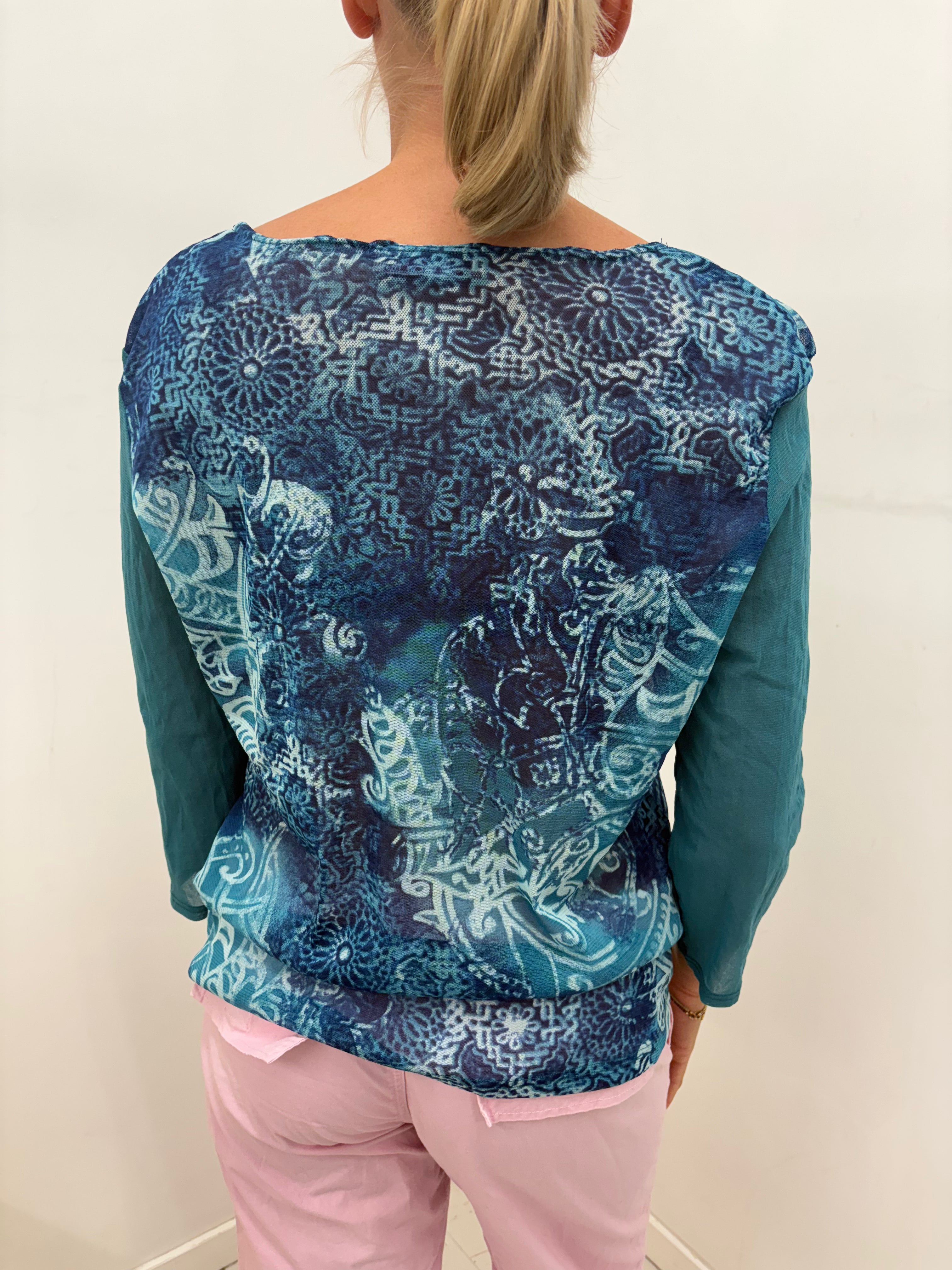 Teal Baroque Print Mesh Front Top