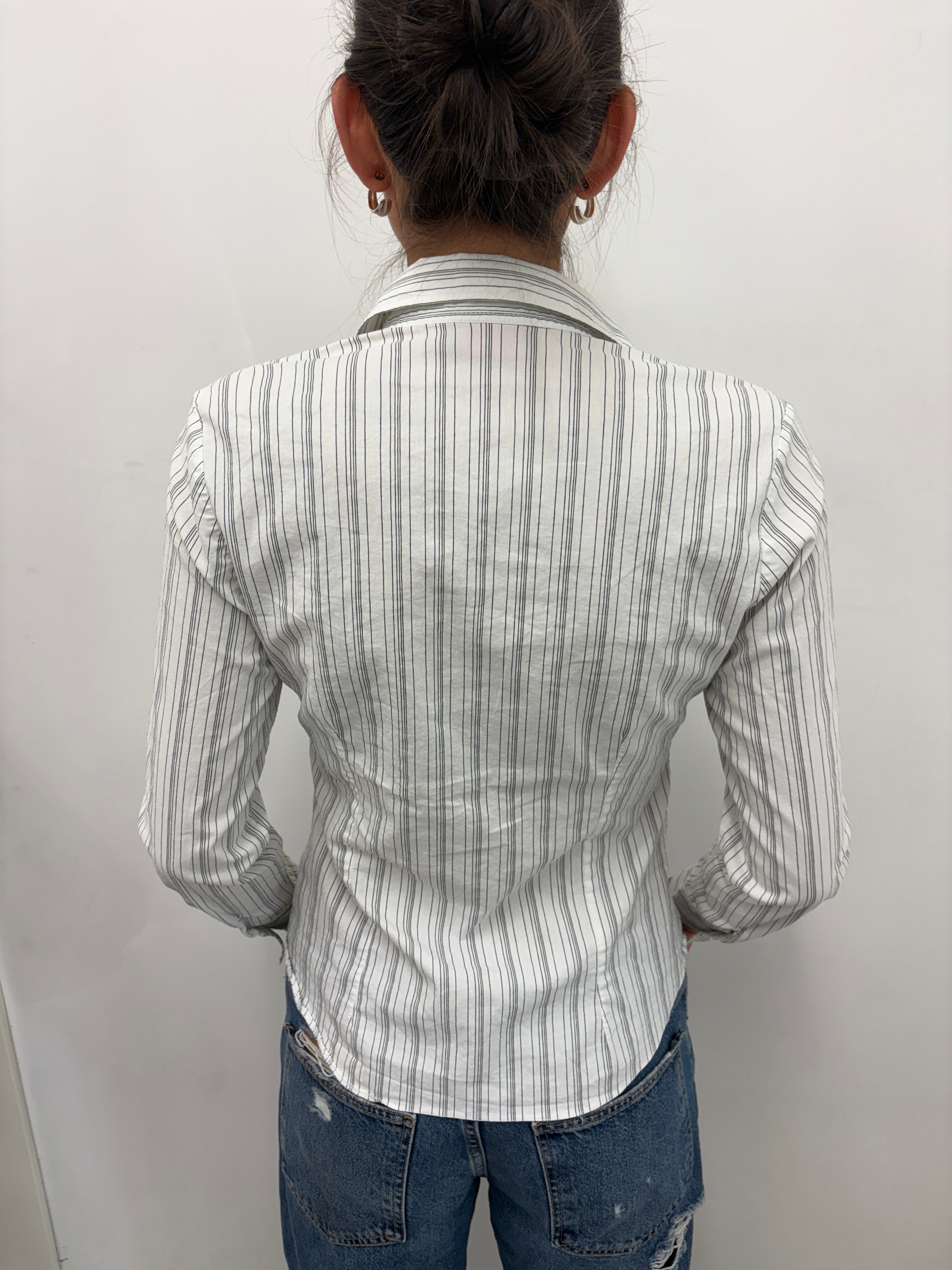 White Striped Blouse with Ruffled Front Detail
