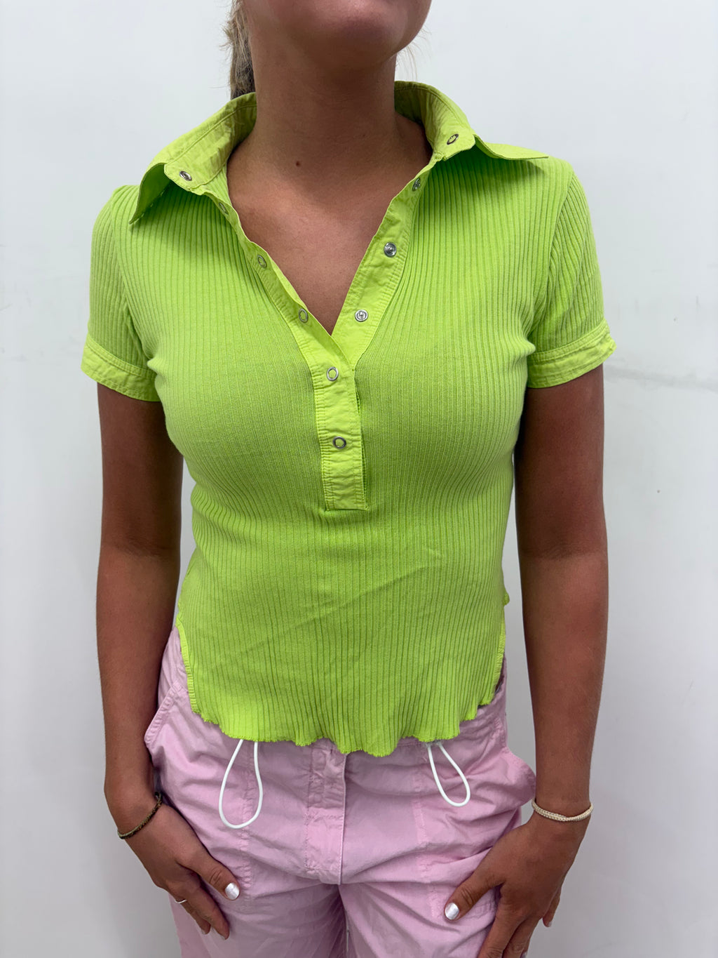Lime Green Ribbed Snap-Button Collar Crop Top
