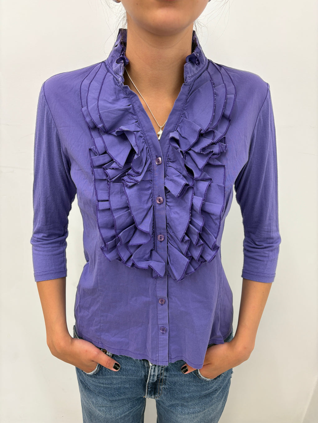 Purple Ruffle Front Blouse with Button Closure