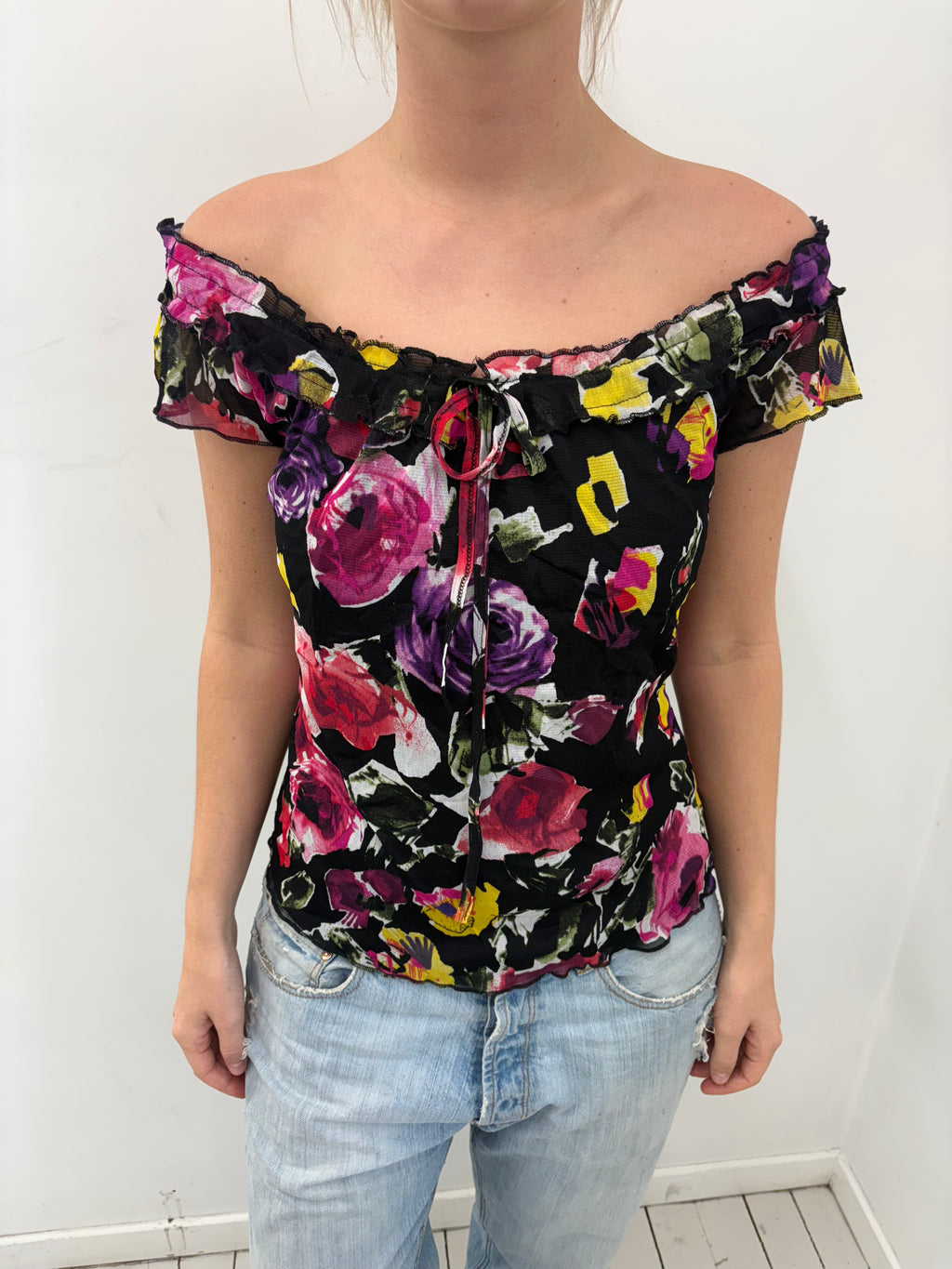 Y2K Floral Off-Shoulder Mesh Top