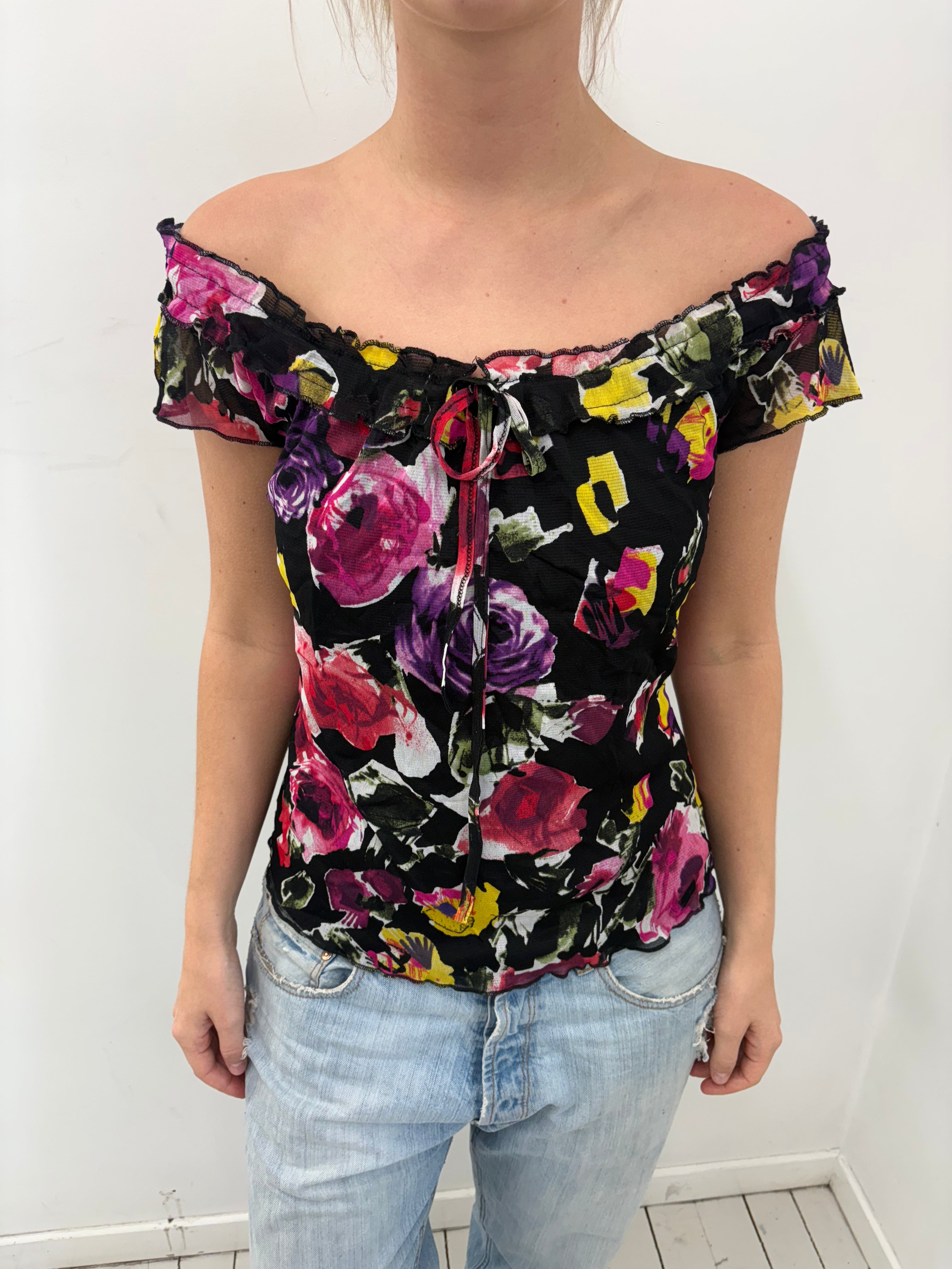 Y2K Floral Off-Shoulder Mesh Top