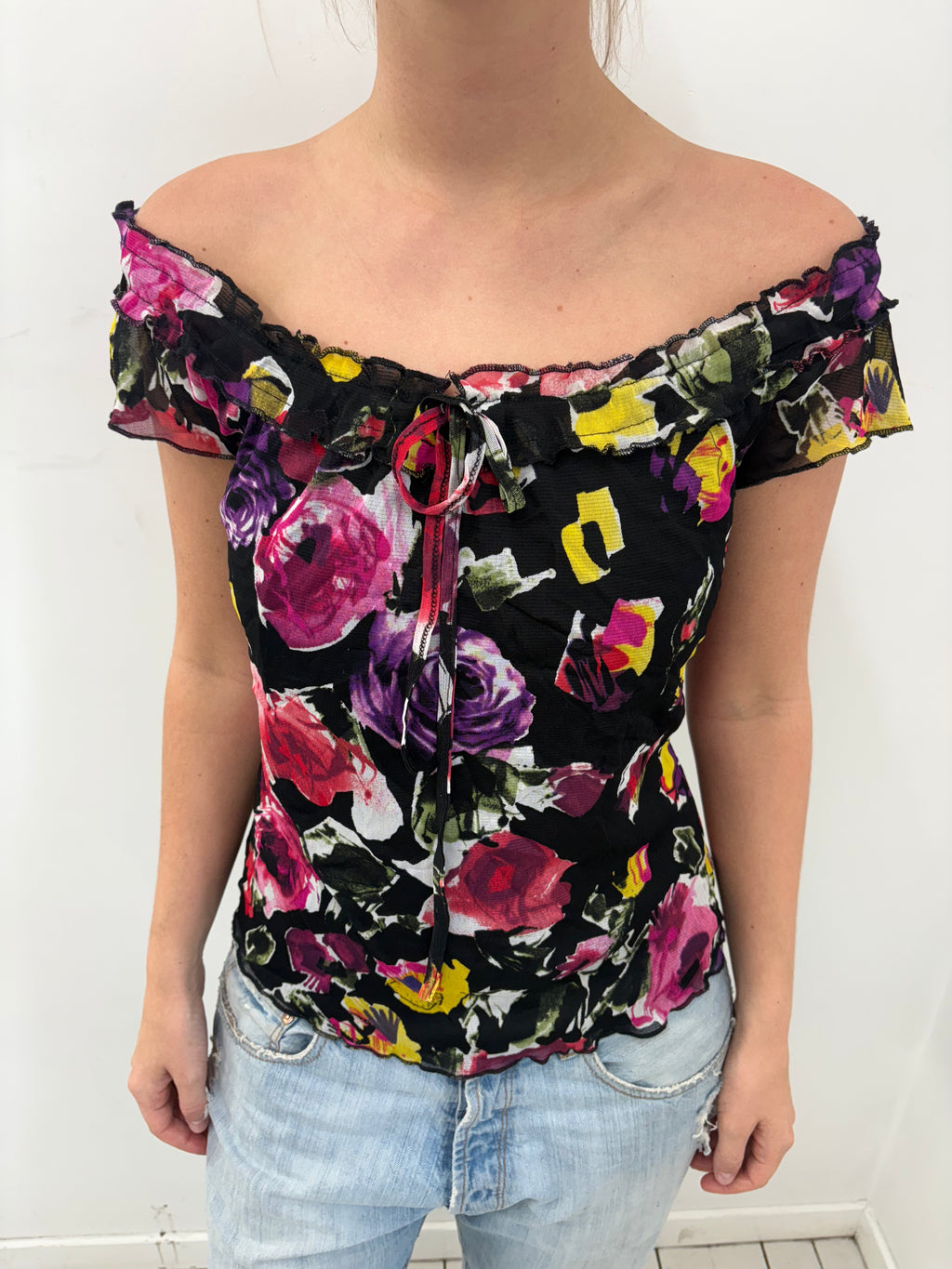 Y2K Floral Off-Shoulder Mesh Top