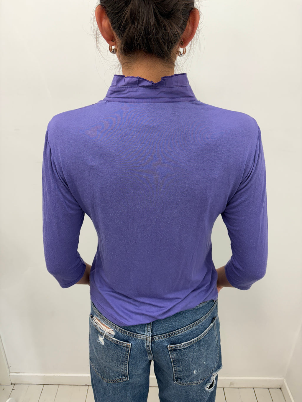 Purple Ruffle Front Blouse with Button Closure