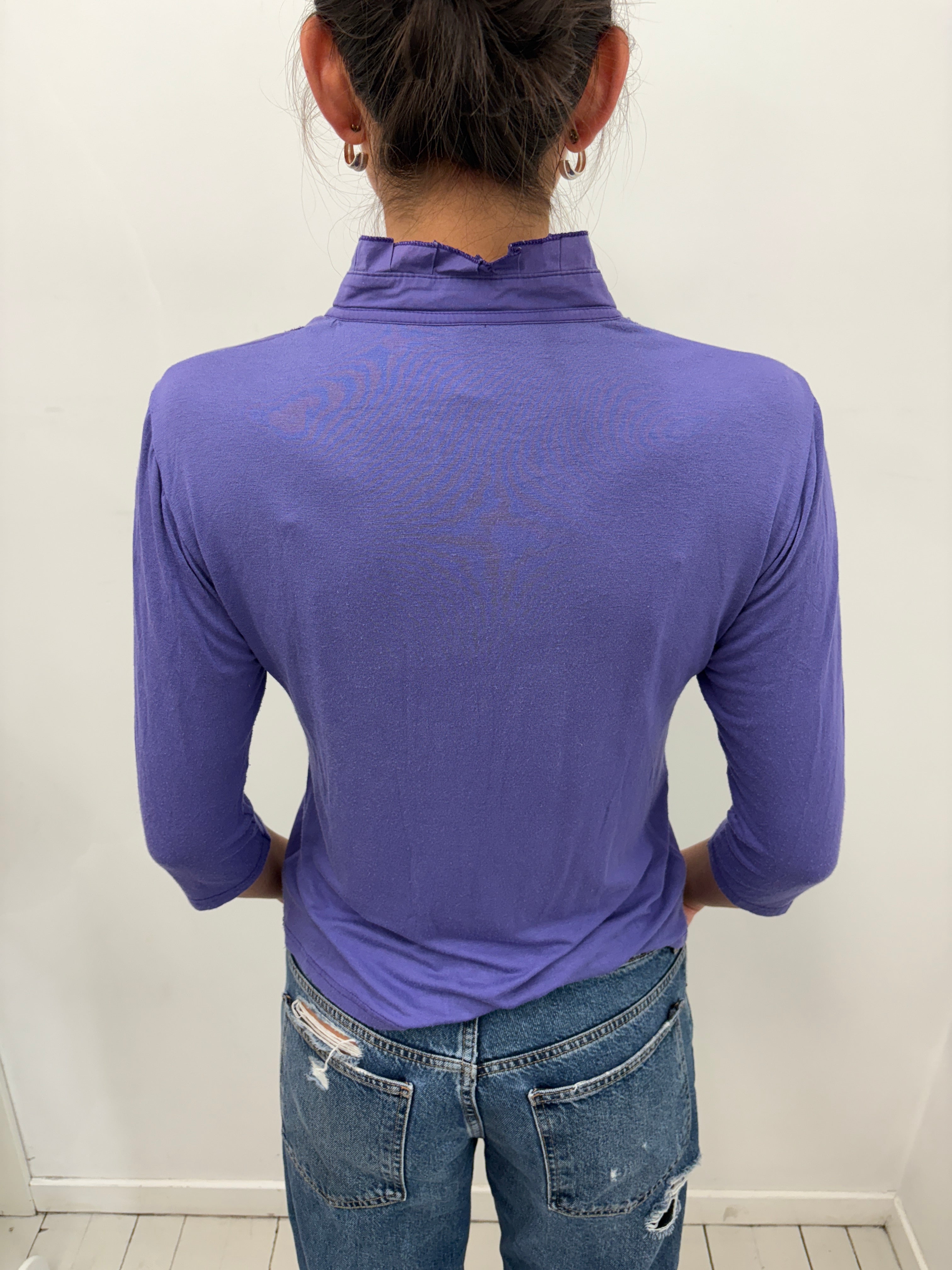 Purple Ruffle Front Blouse with Button Closure