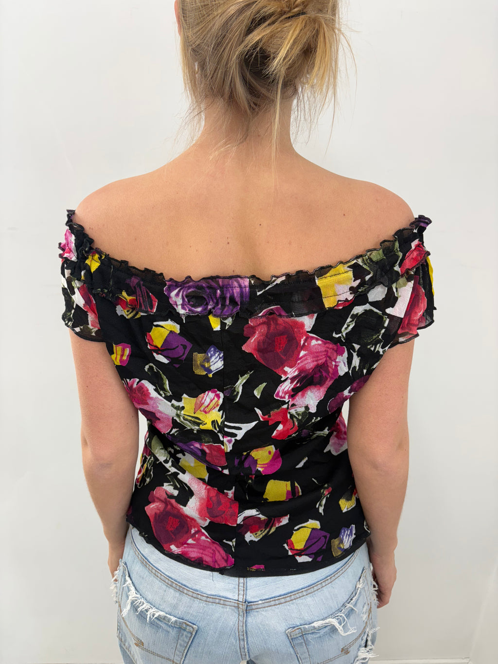Y2K Floral Off-Shoulder Mesh Top