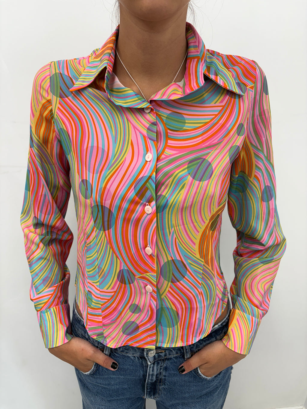 Colorful Swirl Print Button-Up with Polka Dots