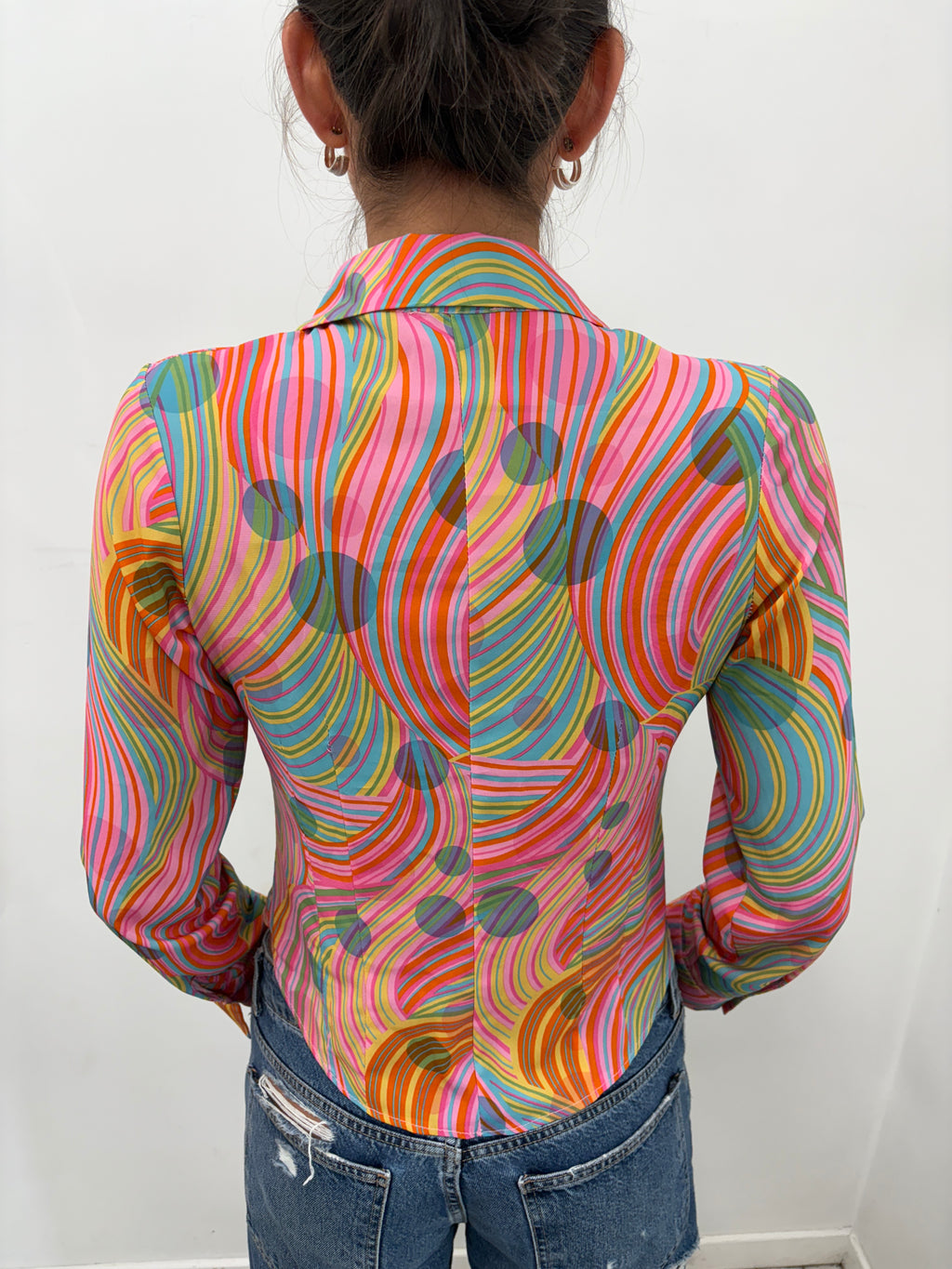 Colorful Swirl Print Button-Up with Polka Dots