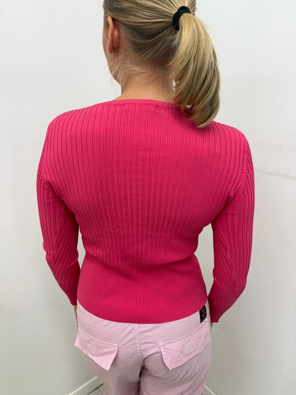 Hot Pink Ribbed V-Neck Fitted Knit Top